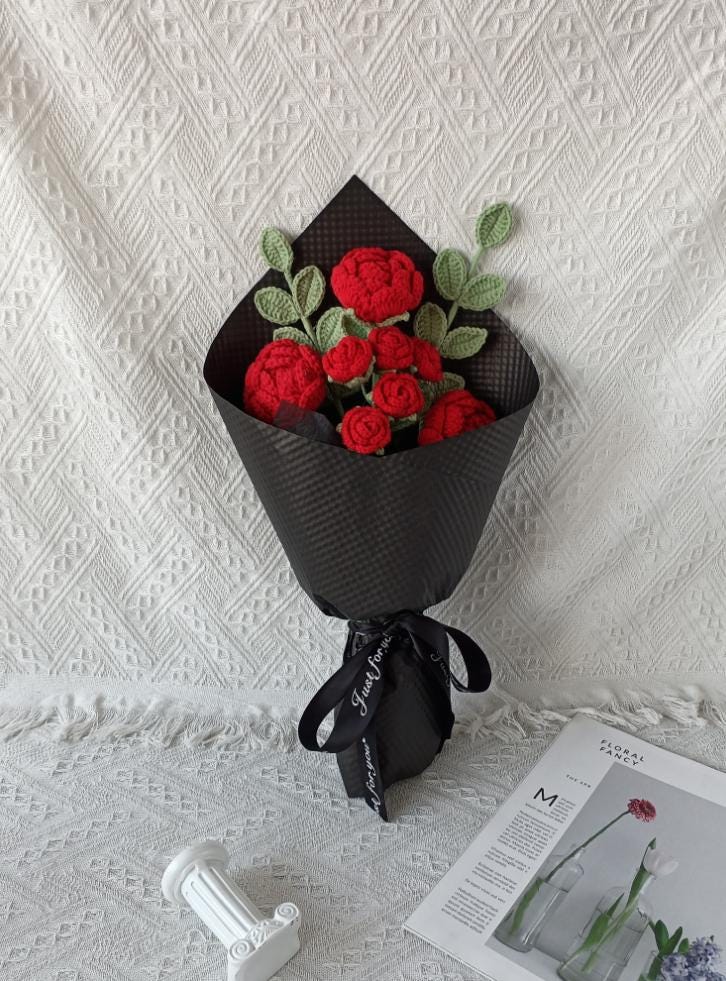 Crochet Rose Bouquet – Handmade – Soft Yarn – No Watering Needed