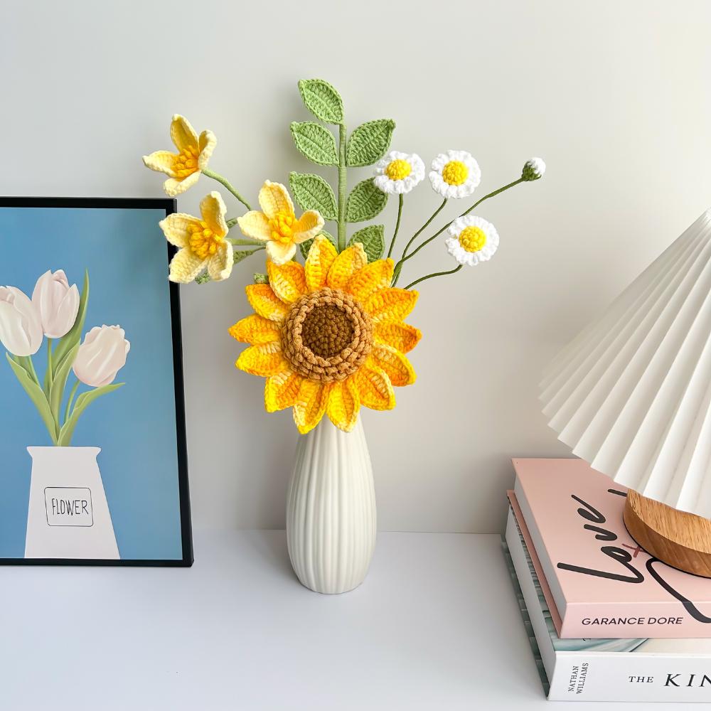 Crochet Sunflower Rose Tulip Flower Bouquet Handmade Home Decor Gift for Mother Friend