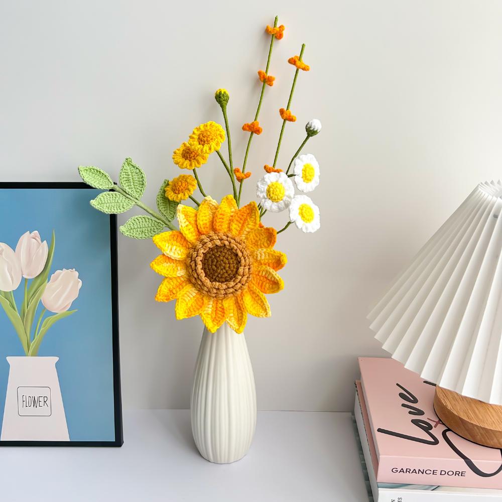 Crochet Sunflower Rose Tulip Flower Bouquet Handmade Home Decor Gift for Mother Friend