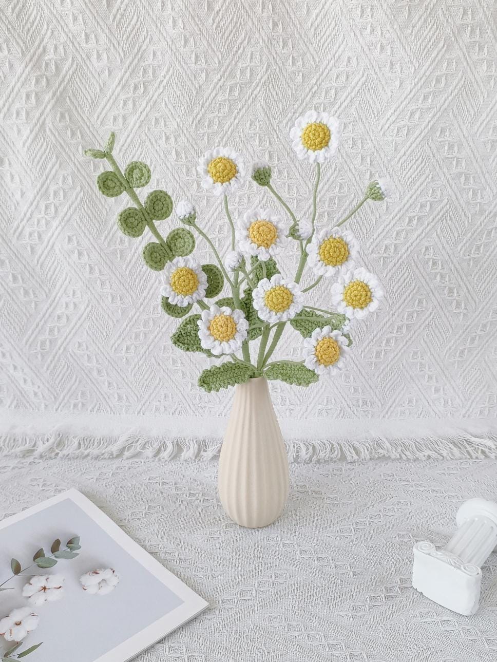 Handmade Crochet Daisy Arrangement – 9 Blooms on 3 Stems