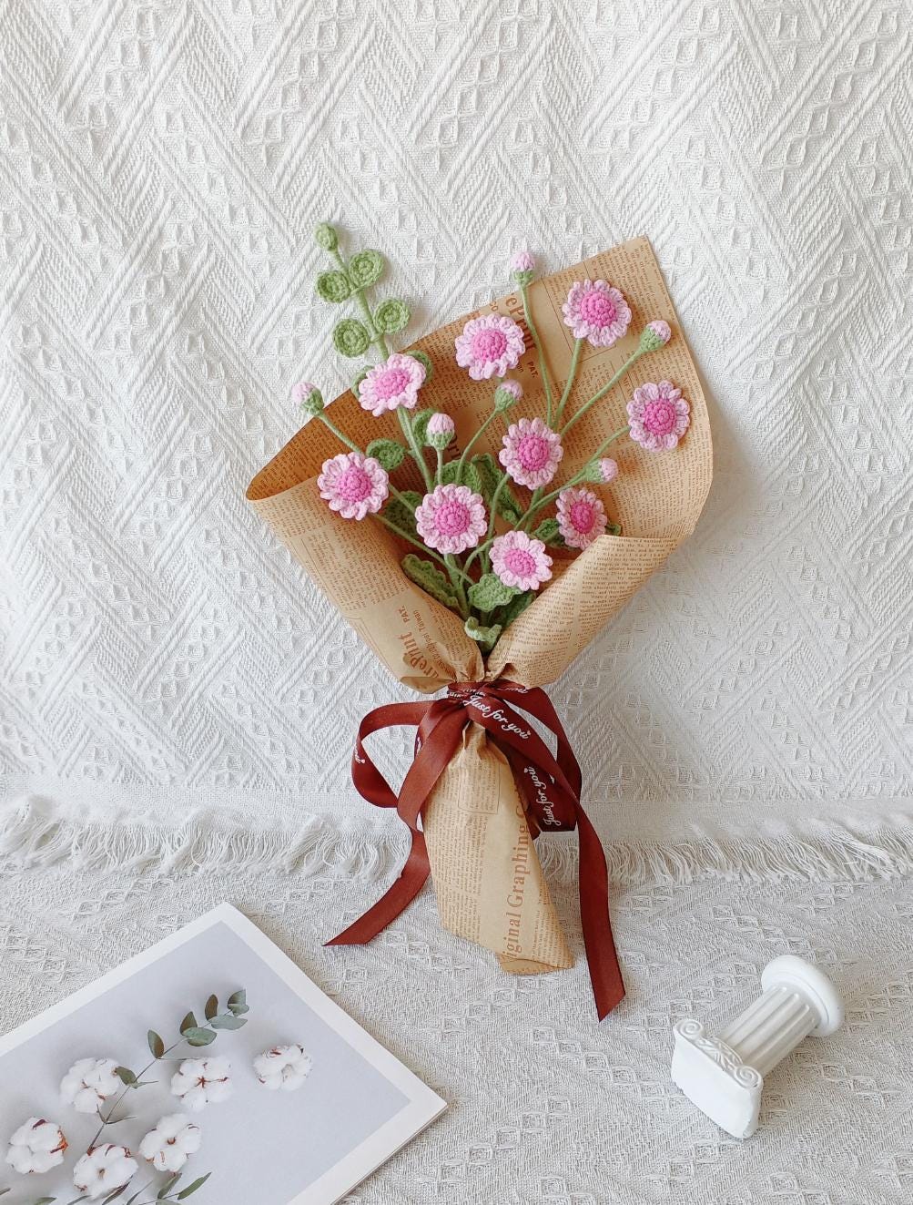 Handmade Crochet Daisy Arrangement – 9 Blooms on 3 Stems