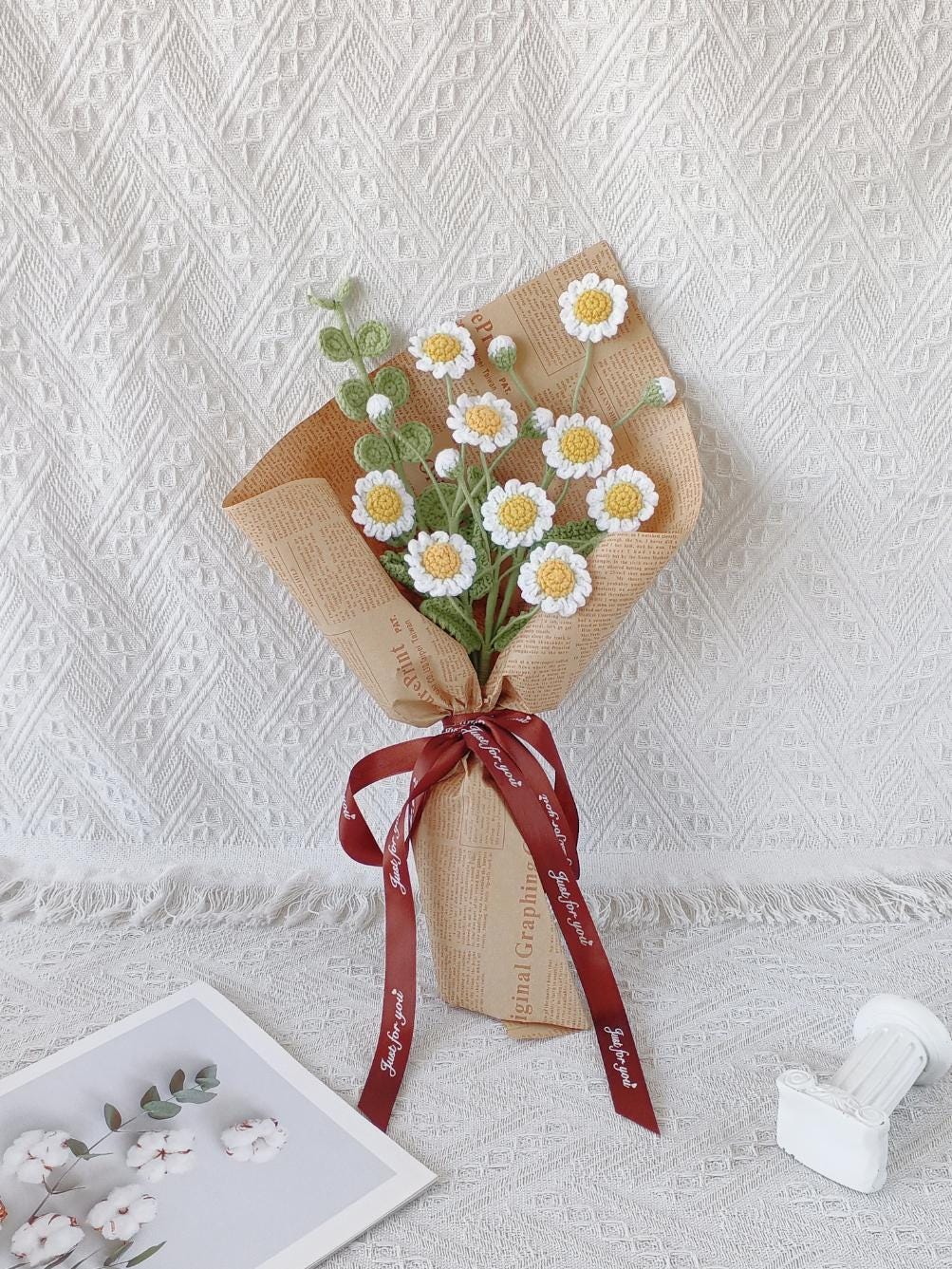 Handmade Crochet Daisy Arrangement – 9 Blooms on 3 Stems