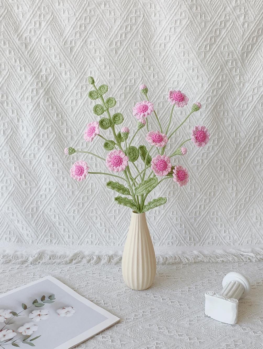 Handmade Crochet Daisy Arrangement – 9 Blooms on 3 Stems