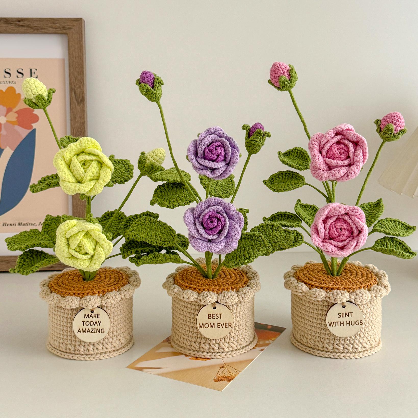 Mini Crochet Potted Rose, Lily of the Valley, and Sunflower – Handmade