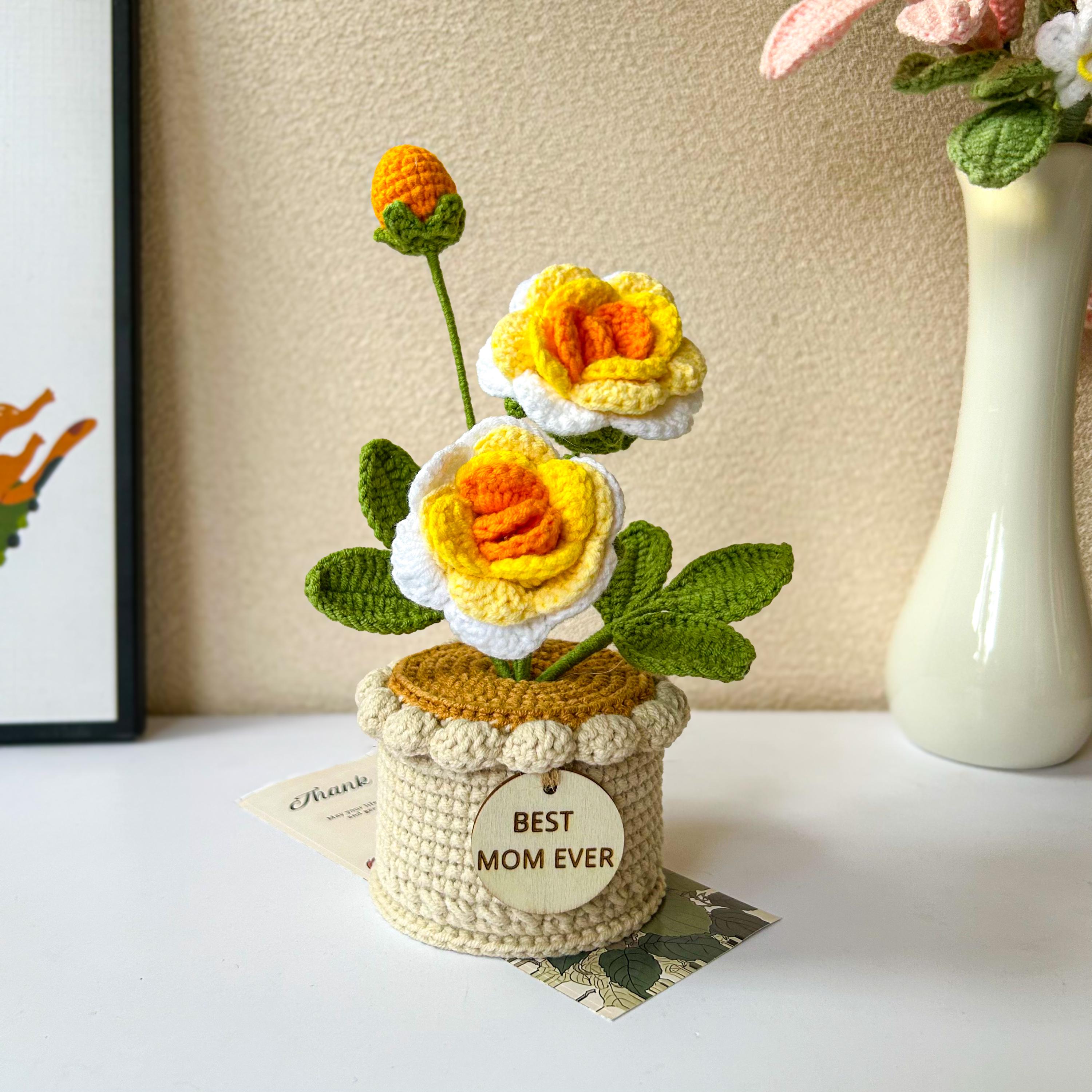 Mini Crochet Potted Rose, Lily of the Valley, and Sunflower – Handmade