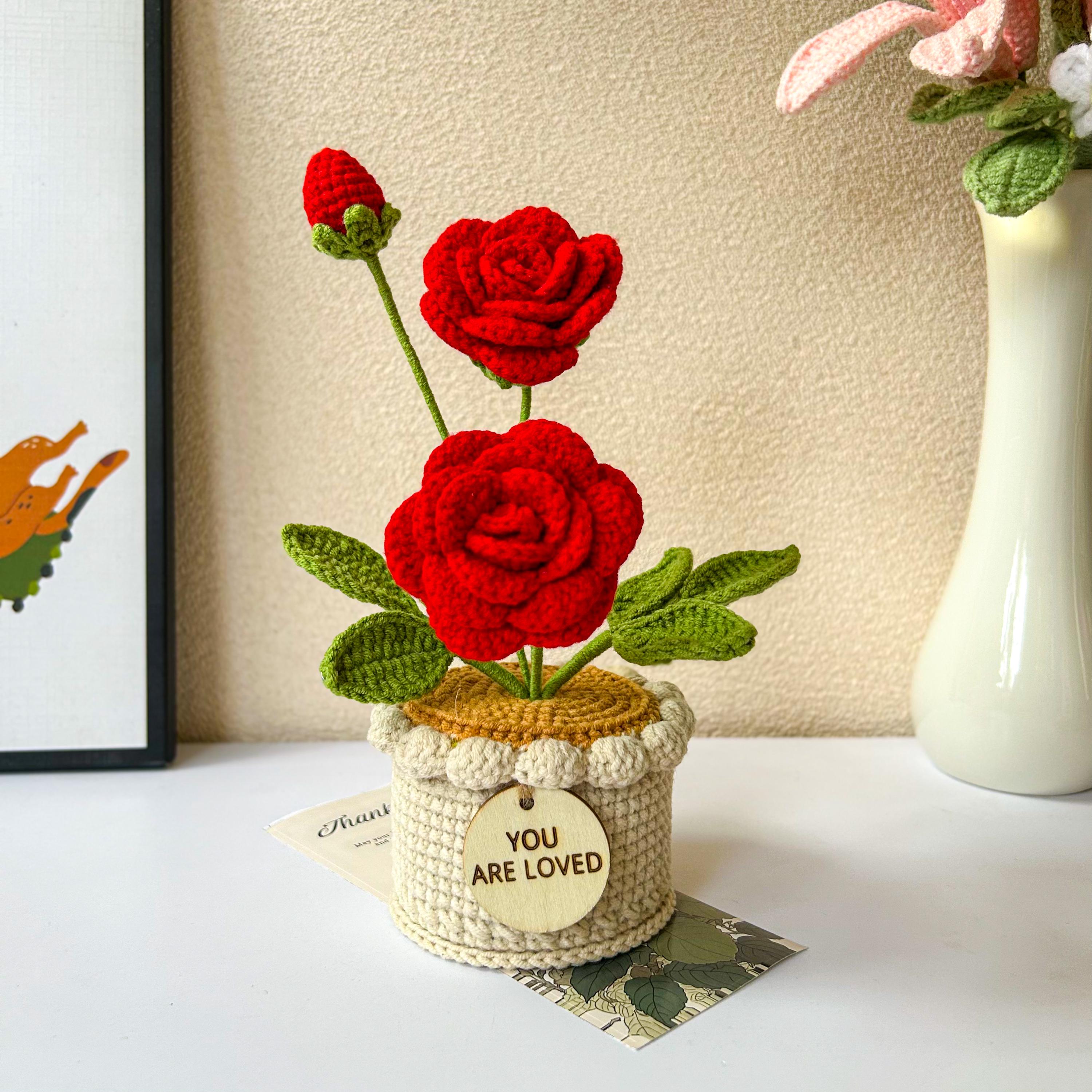 Mini Crochet Potted Rose, Lily of the Valley, and Sunflower – Handmade