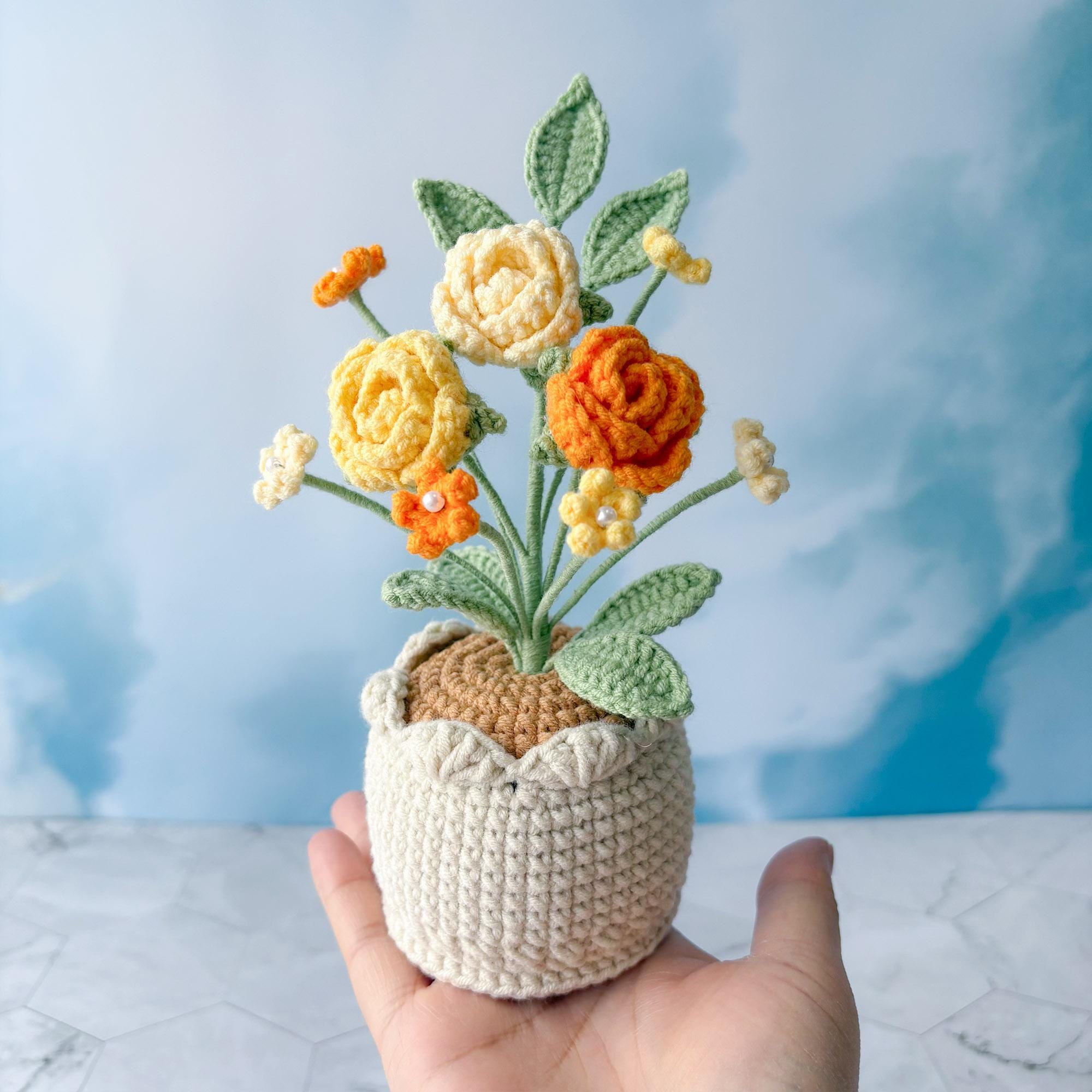Crochet Flower Pot – Handmade Crochet Plant – Rose Design – Desk Decor