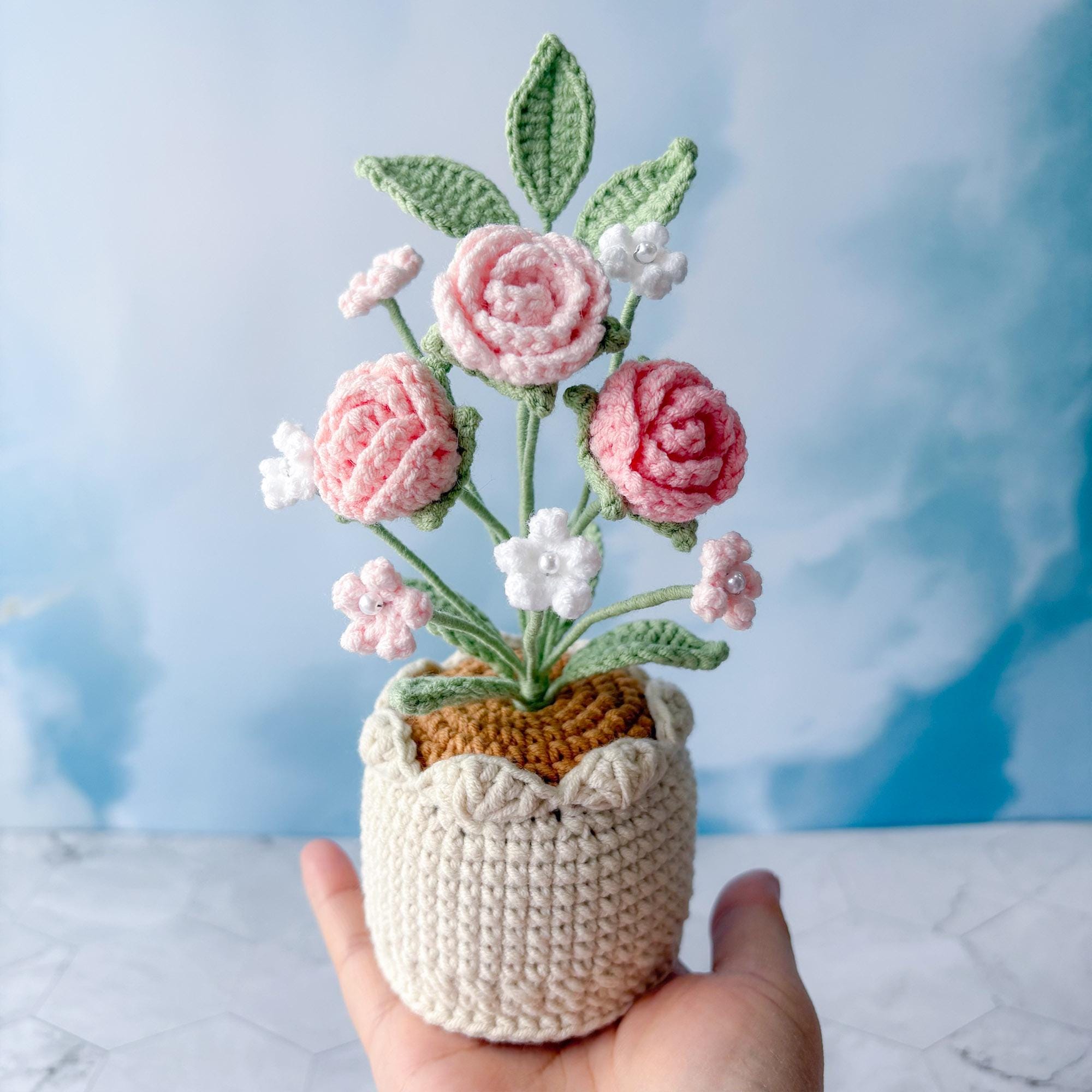 Crochet Flower Pot – Handmade Crochet Plant – Rose Design – Desk Decor