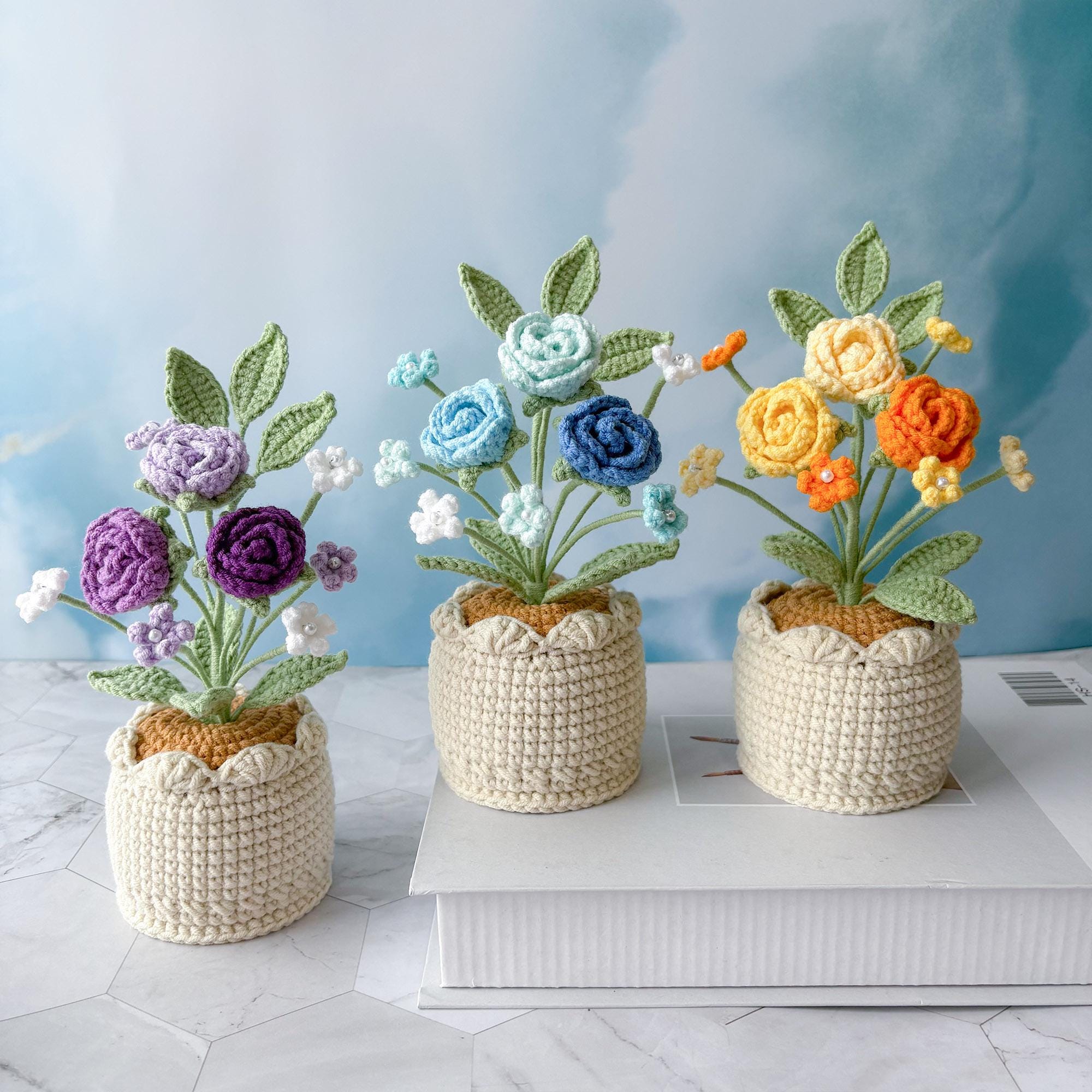 Crochet Flower Pot – Handmade Crochet Plant – Rose Design – Desk Decor