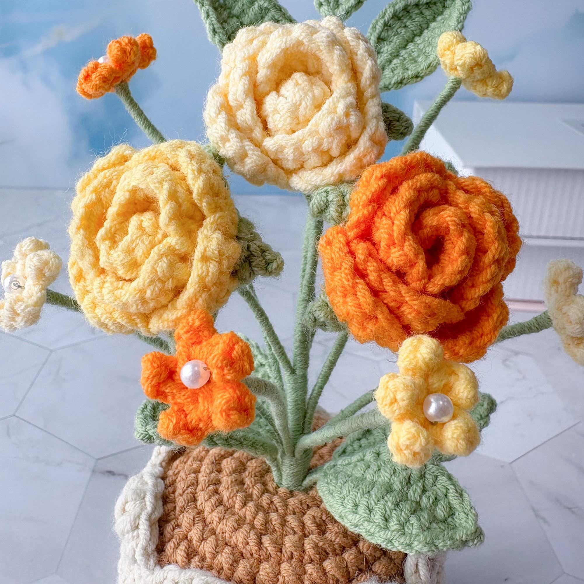 Crochet Flower Pot – Handmade Crochet Plant – Rose Design – Desk Decor