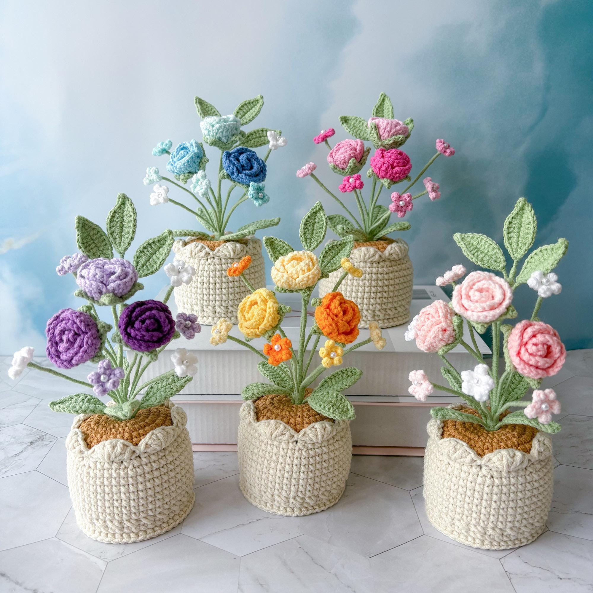 Crochet Flower Pot – Handmade Crochet Plant – Rose Design – Desk Decor