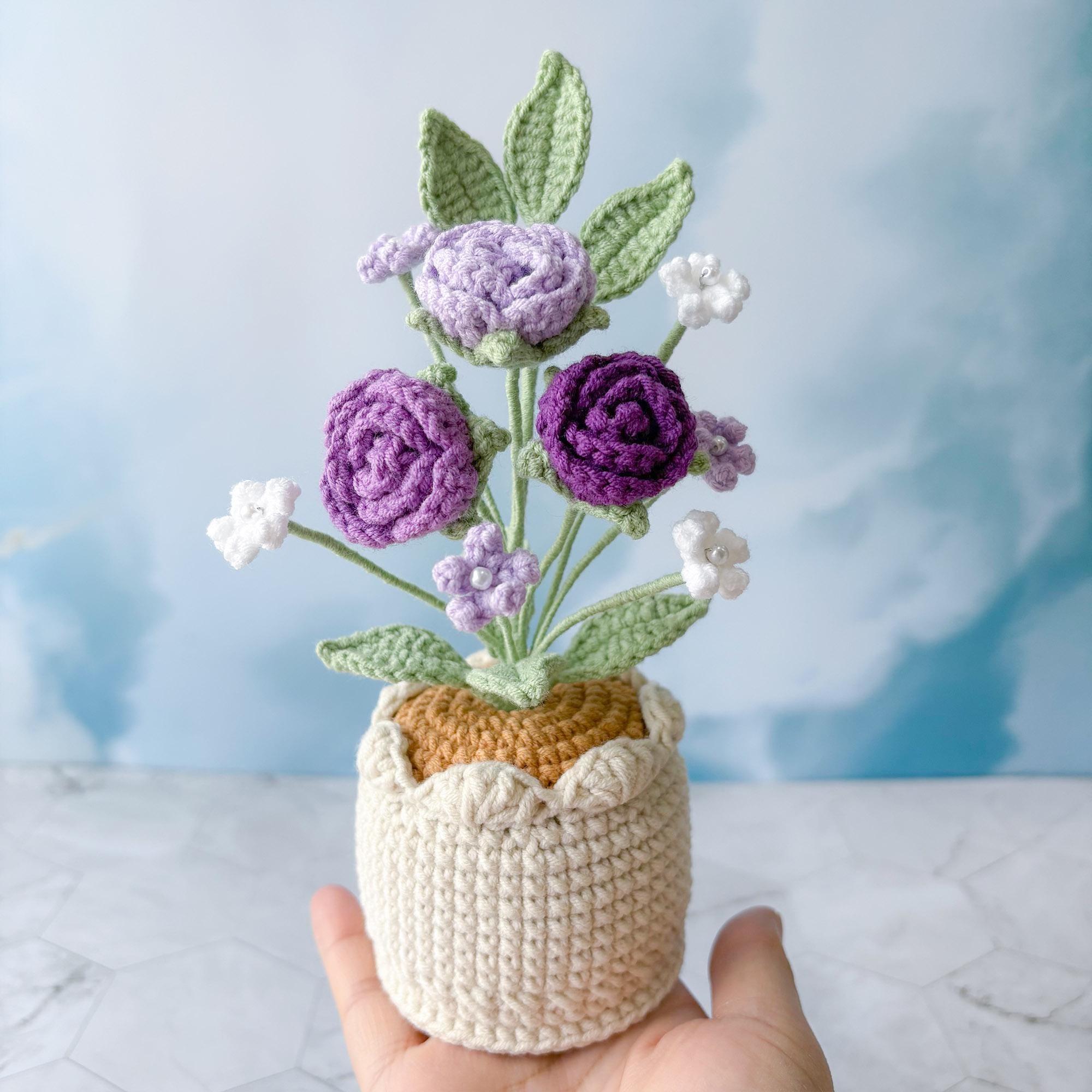 Crochet Flower Pot – Handmade Crochet Plant – Rose Design – Desk Decor