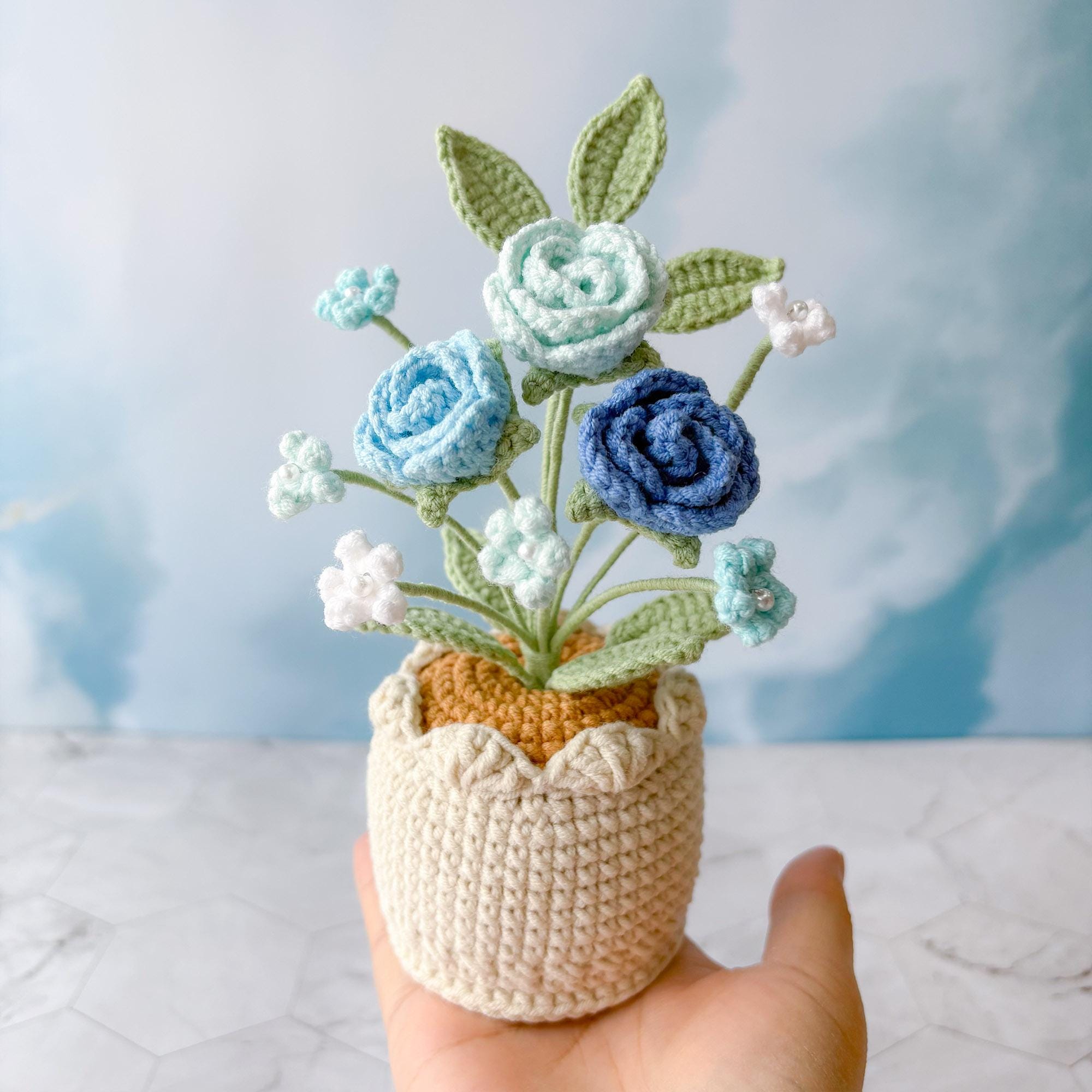 Crochet Flower Pot – Handmade Crochet Plant – Rose Design – Desk Decor