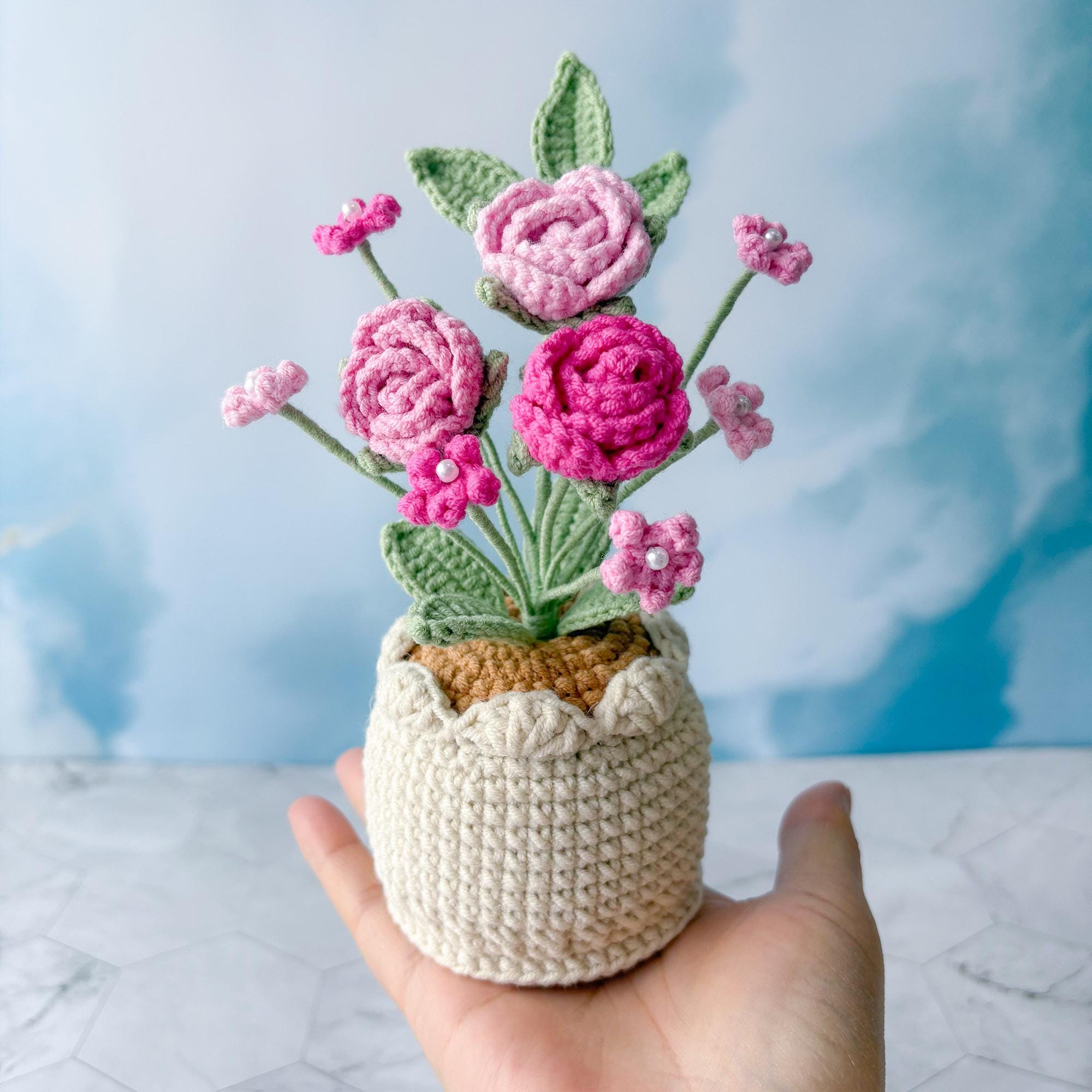 Crochet Flower Pot – Handmade Crochet Plant – Rose Design – Desk Decor