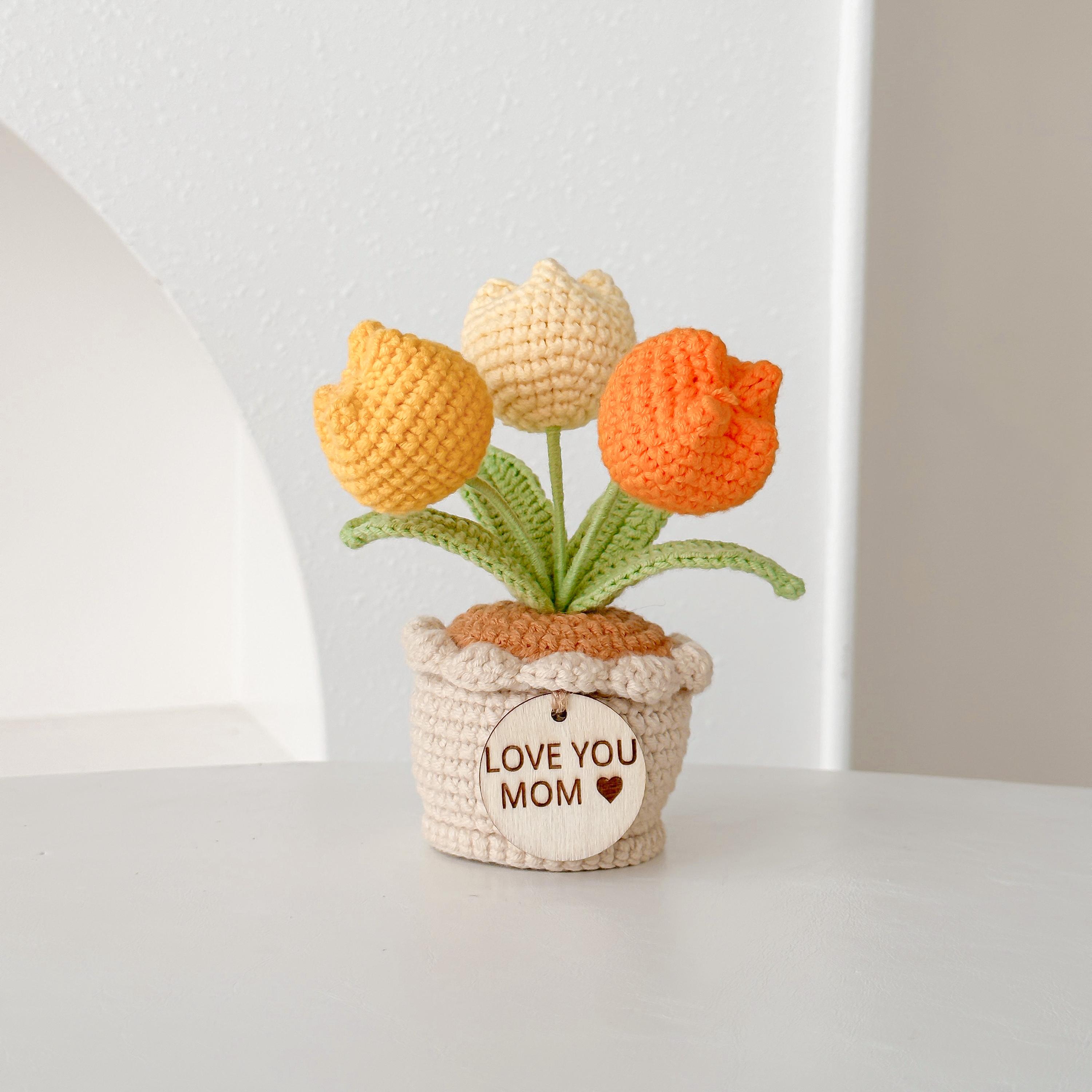 Handmade Desk Decor with Positive Affirmation Crochet Tulip in Pot