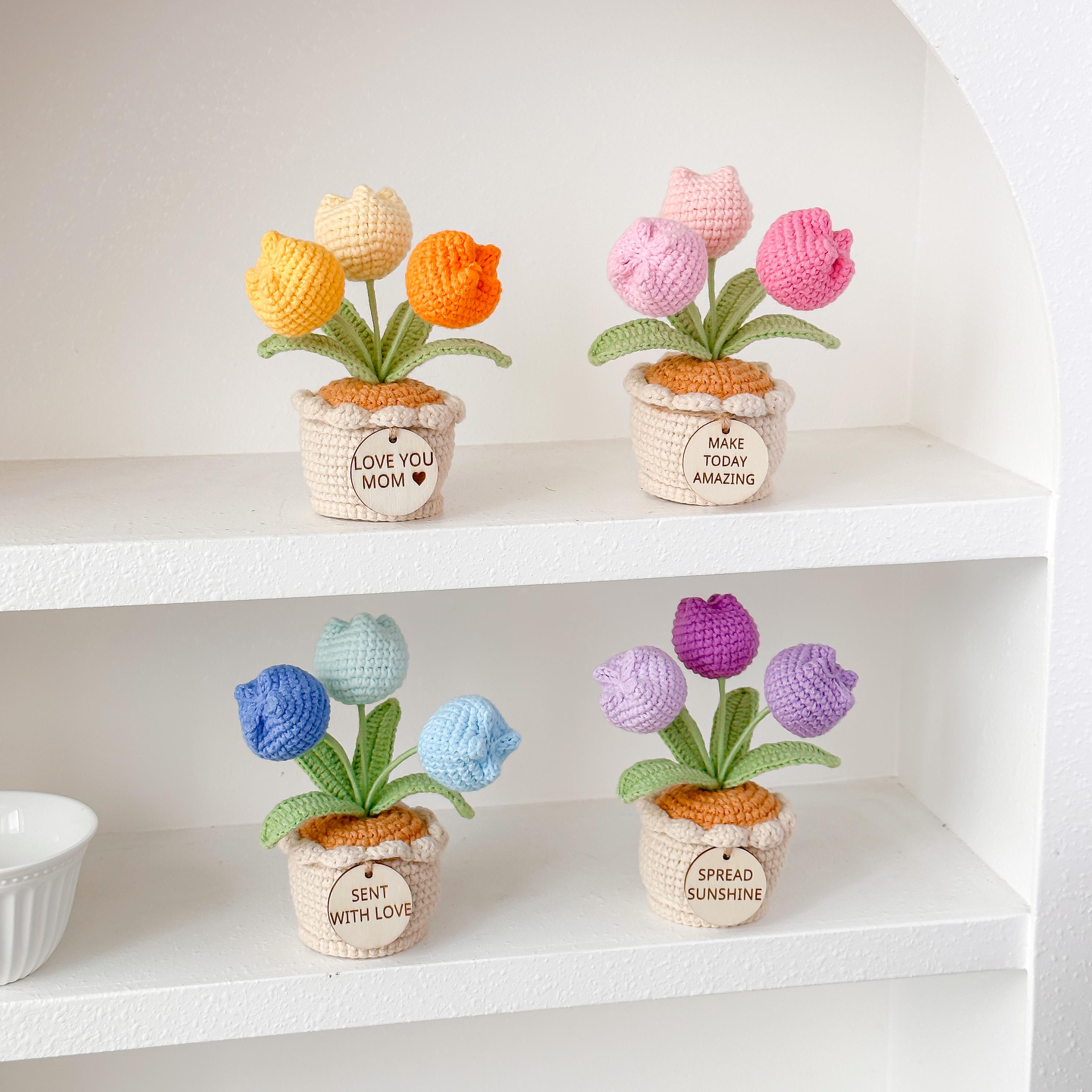 Handmade Desk Decor with Positive Affirmation Crochet Tulip in Pot