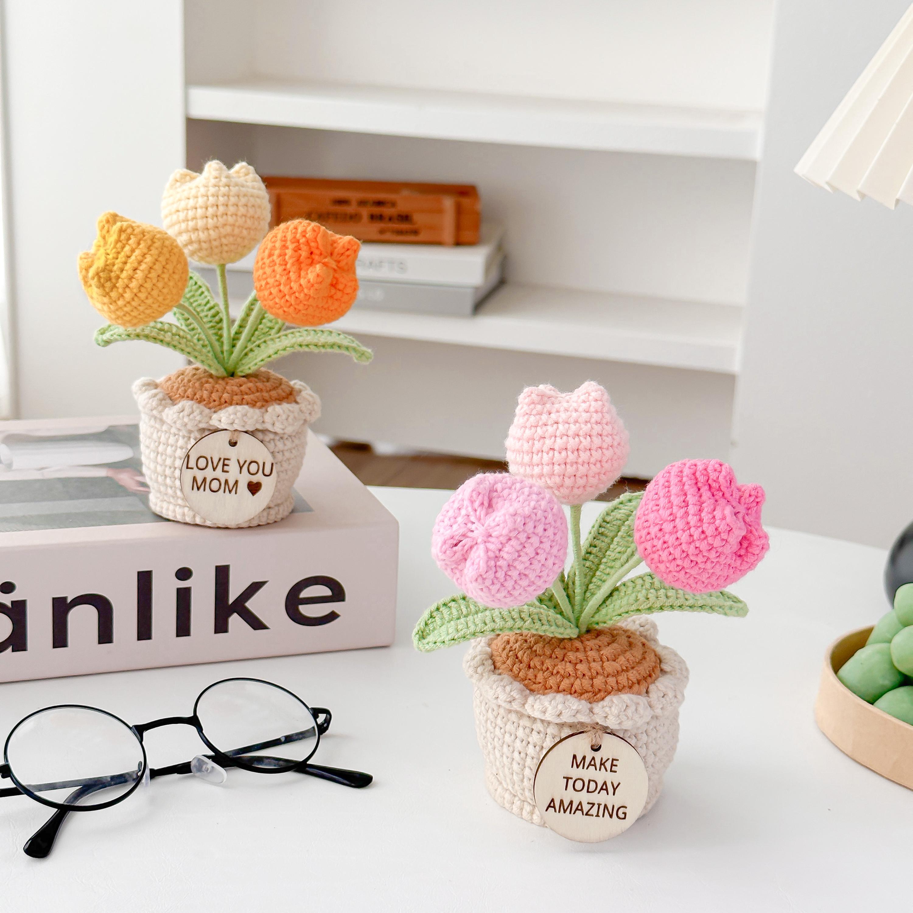 Handmade Desk Decor with Positive Affirmation Crochet Tulip in Pot