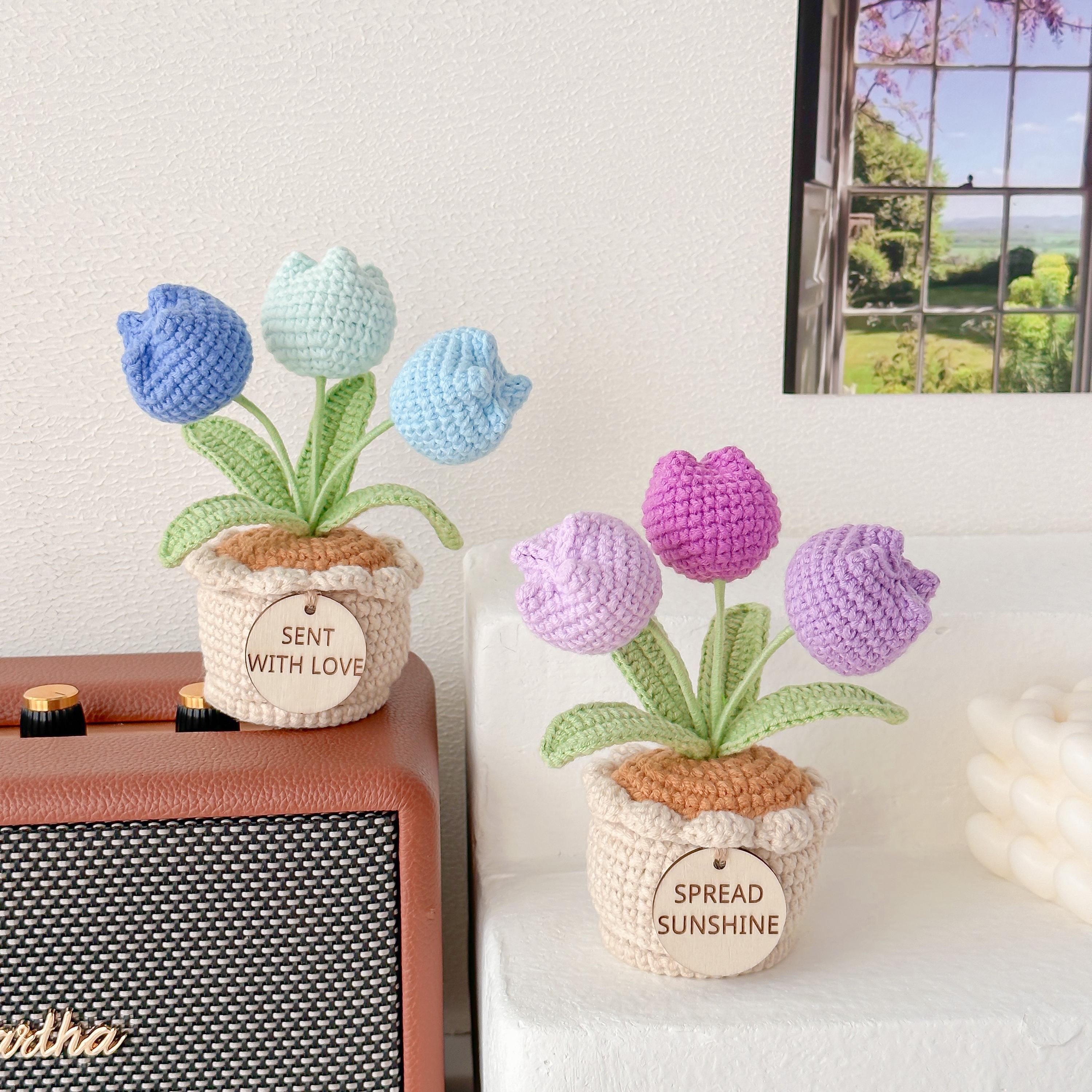 Handmade Desk Decor with Positive Affirmation Crochet Tulip in Pot