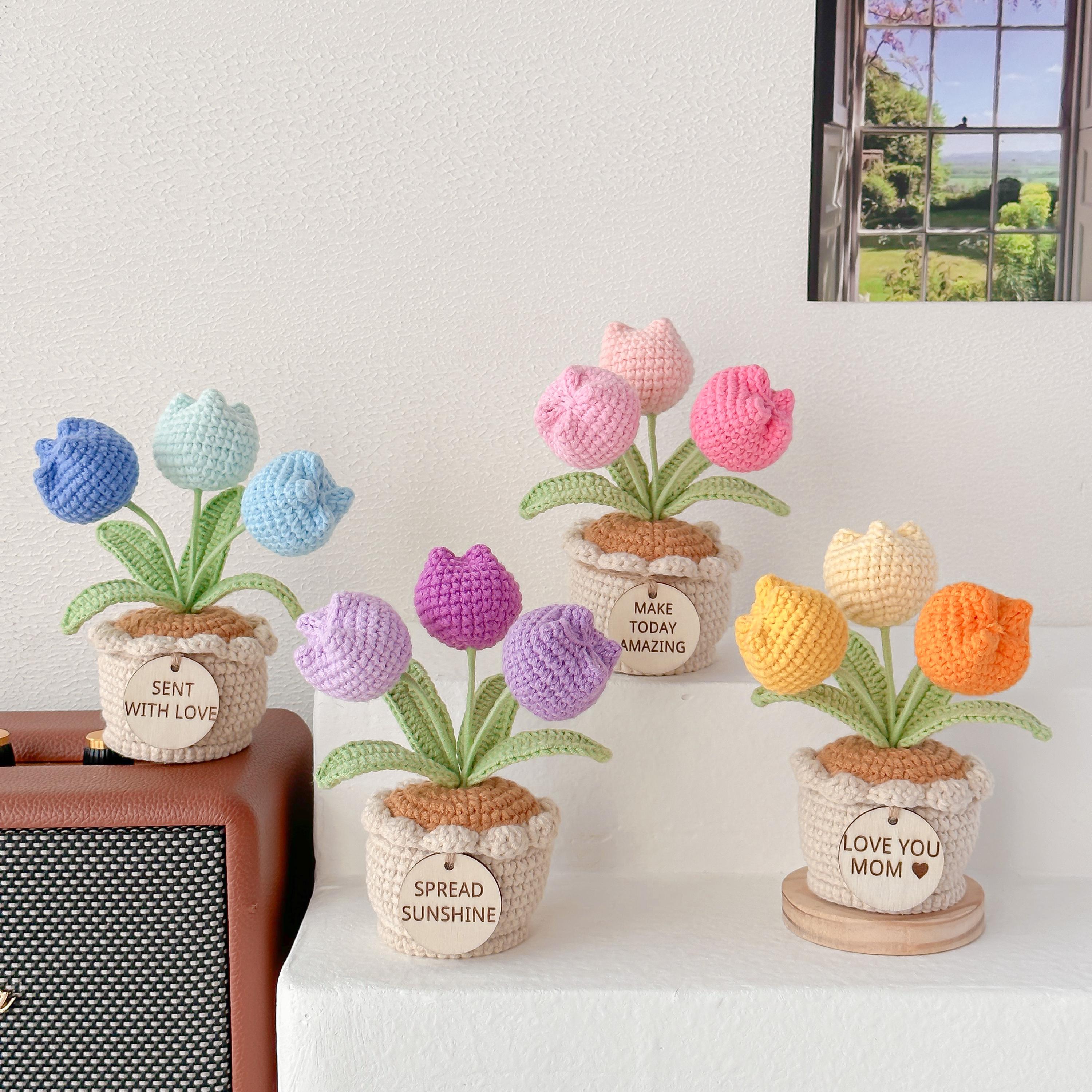 Handmade Desk Decor with Positive Affirmation Crochet Tulip in Pot