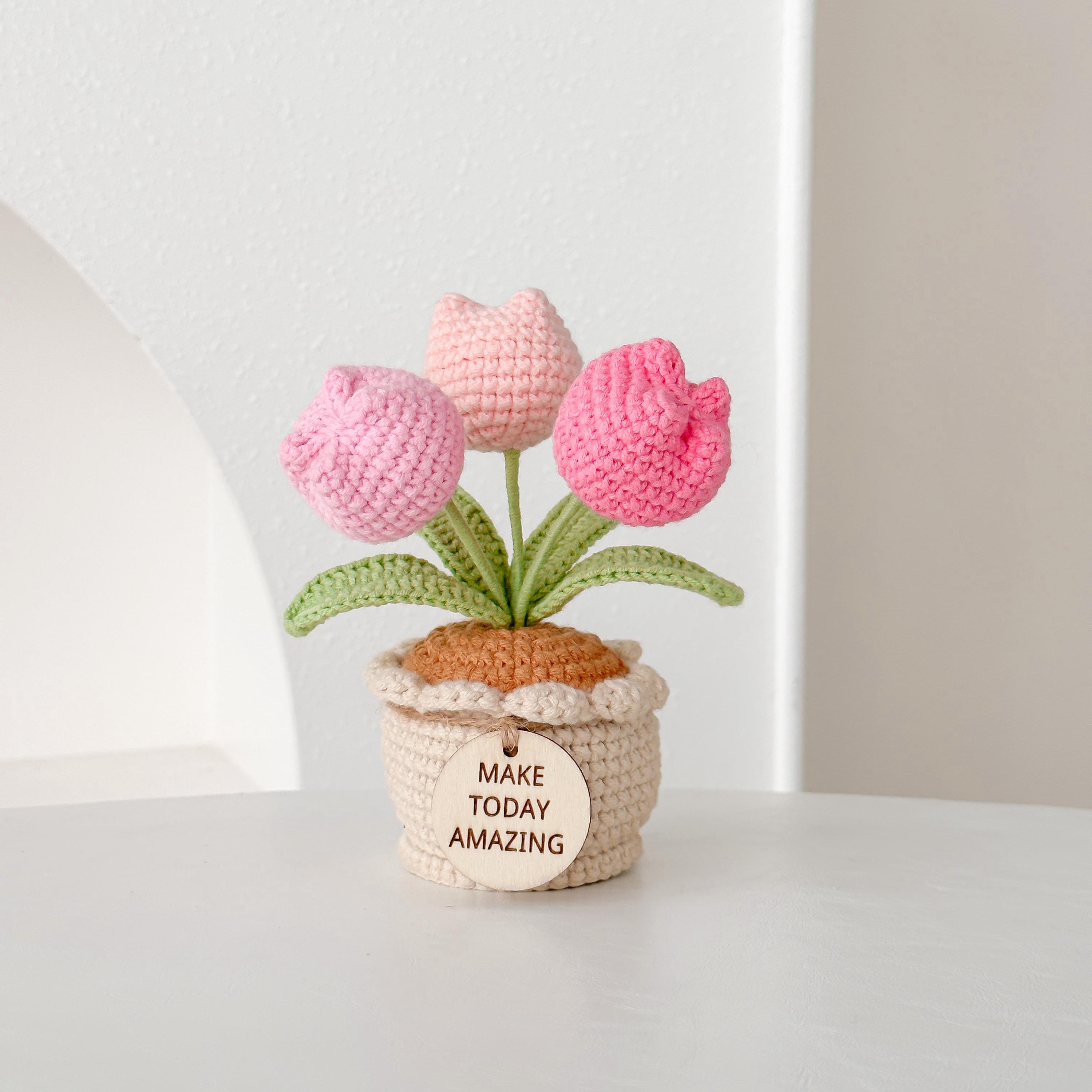 Handmade Desk Decor with Positive Affirmation Crochet Tulip in Pot
