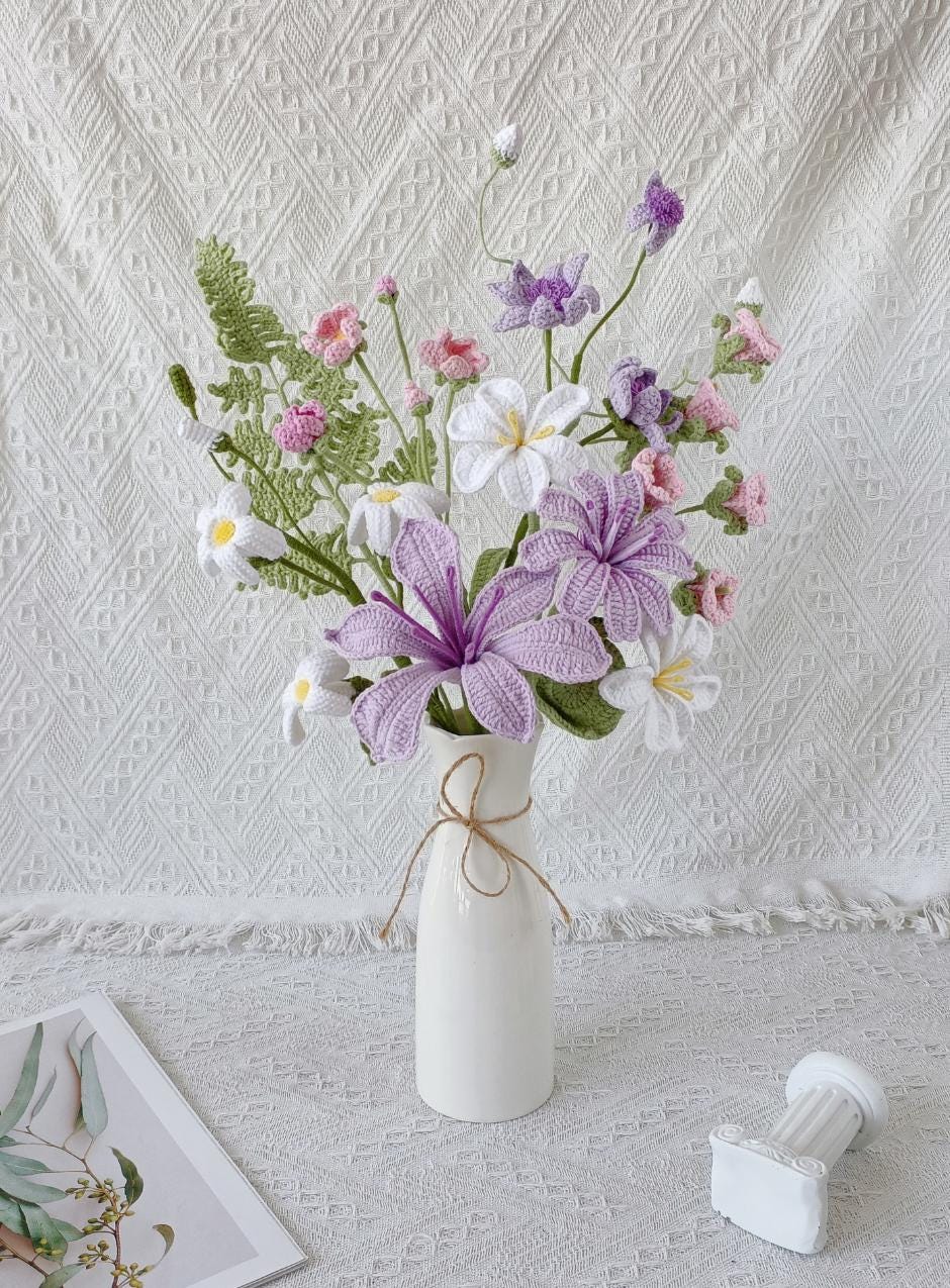 Crochet Flower Arrangement – Peruvian Lily with Lewisia – Handmade