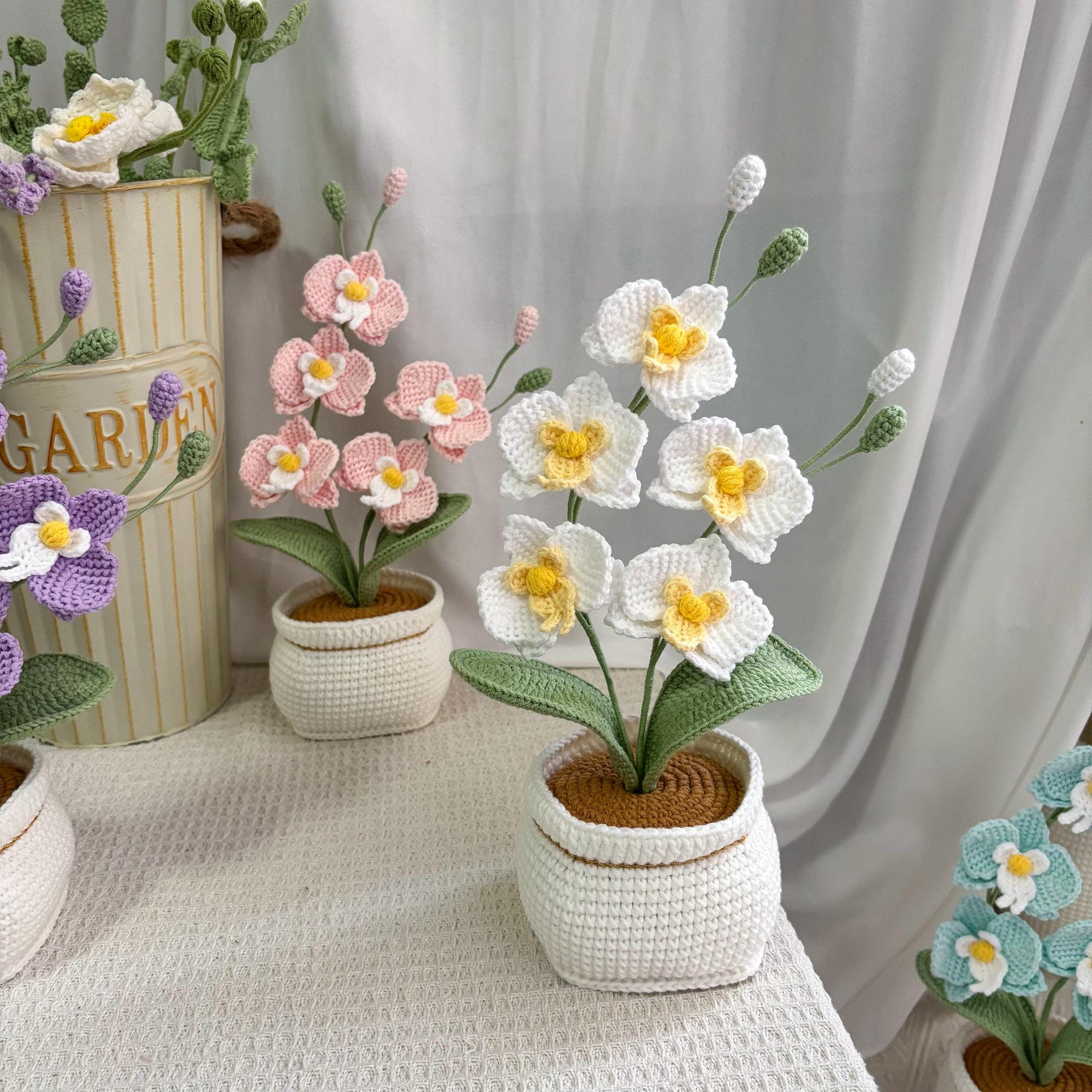 Crochet Phalaenopsis Orchid – Potted – Handmade – Pink, White, Purple, or Blue