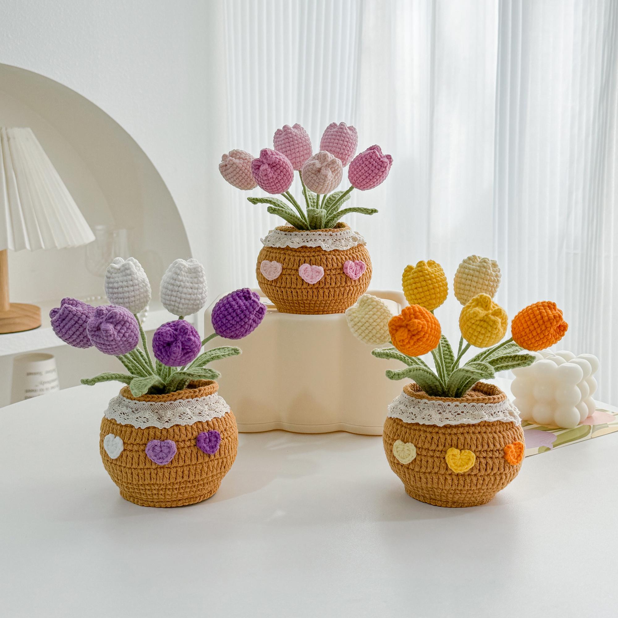 Handmade Desk Decor with Positive Affirmation Crochet Tulip in Pot