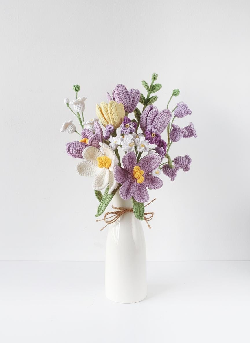 Crochet Flowers – Large Bouquet – Lily of the Valley and Forget-Me-Not – Adjustable Design