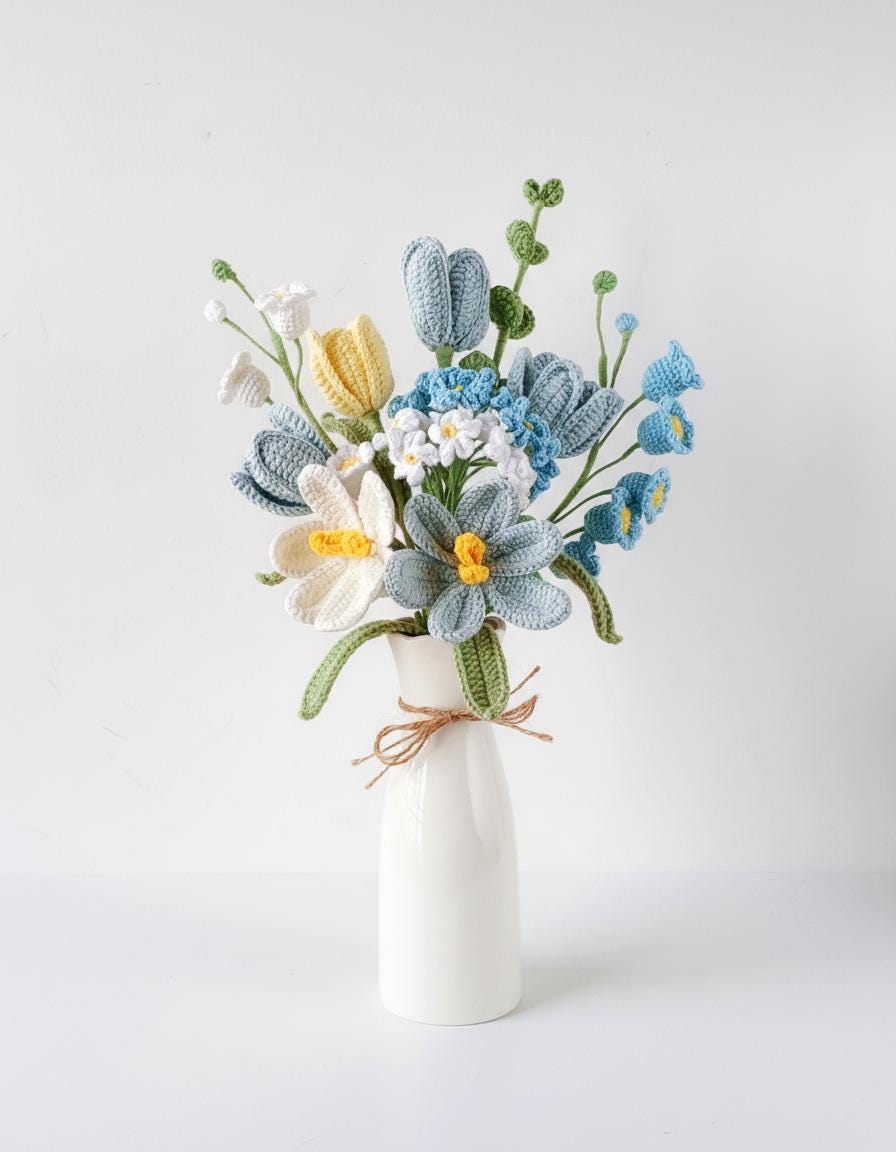 Crochet Flowers – Large Bouquet – Lily of the Valley and Forget-Me-Not – Adjustable Design