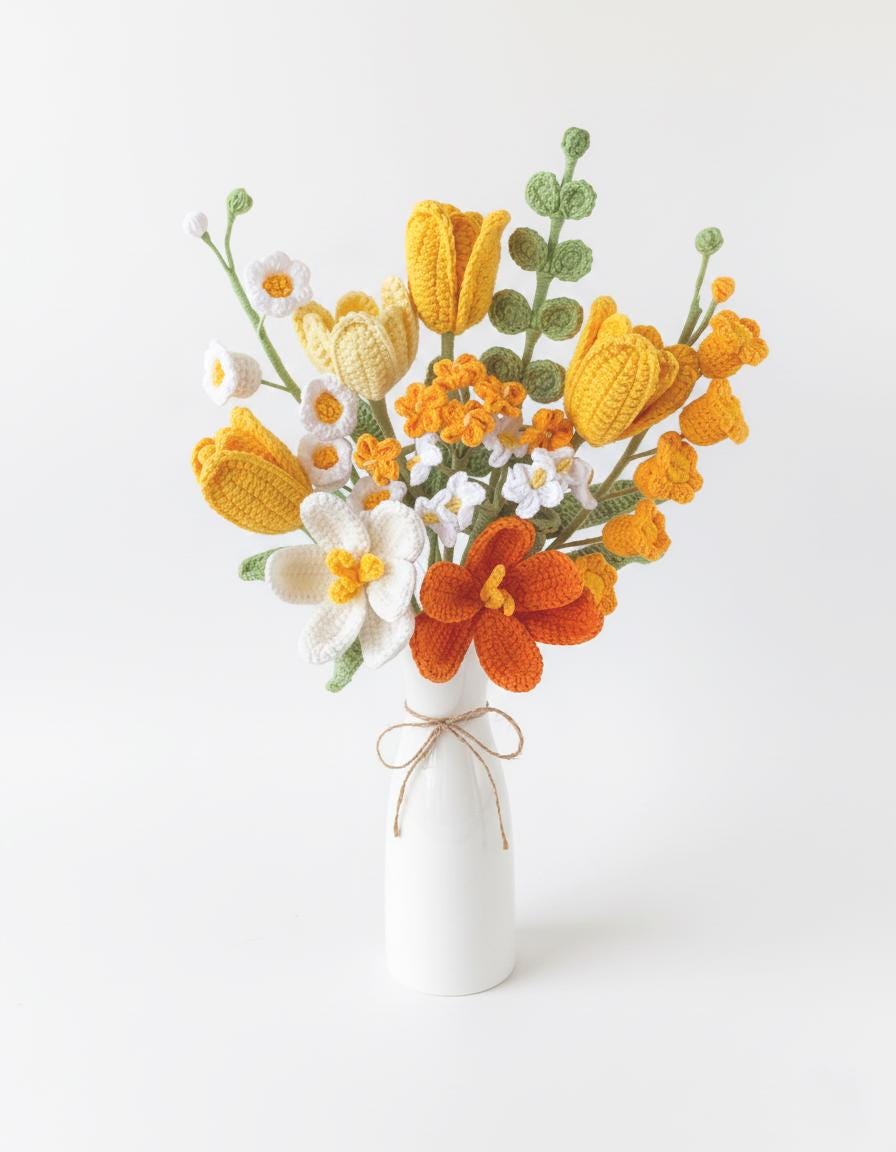 Crochet Flowers – Large Bouquet – Lily of the Valley and Forget-Me-Not – Adjustable Design