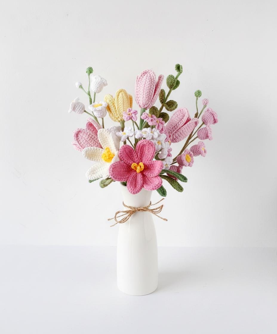 Crochet Flowers – Large Bouquet – Lily of the Valley and Forget-Me-Not – Adjustable Design