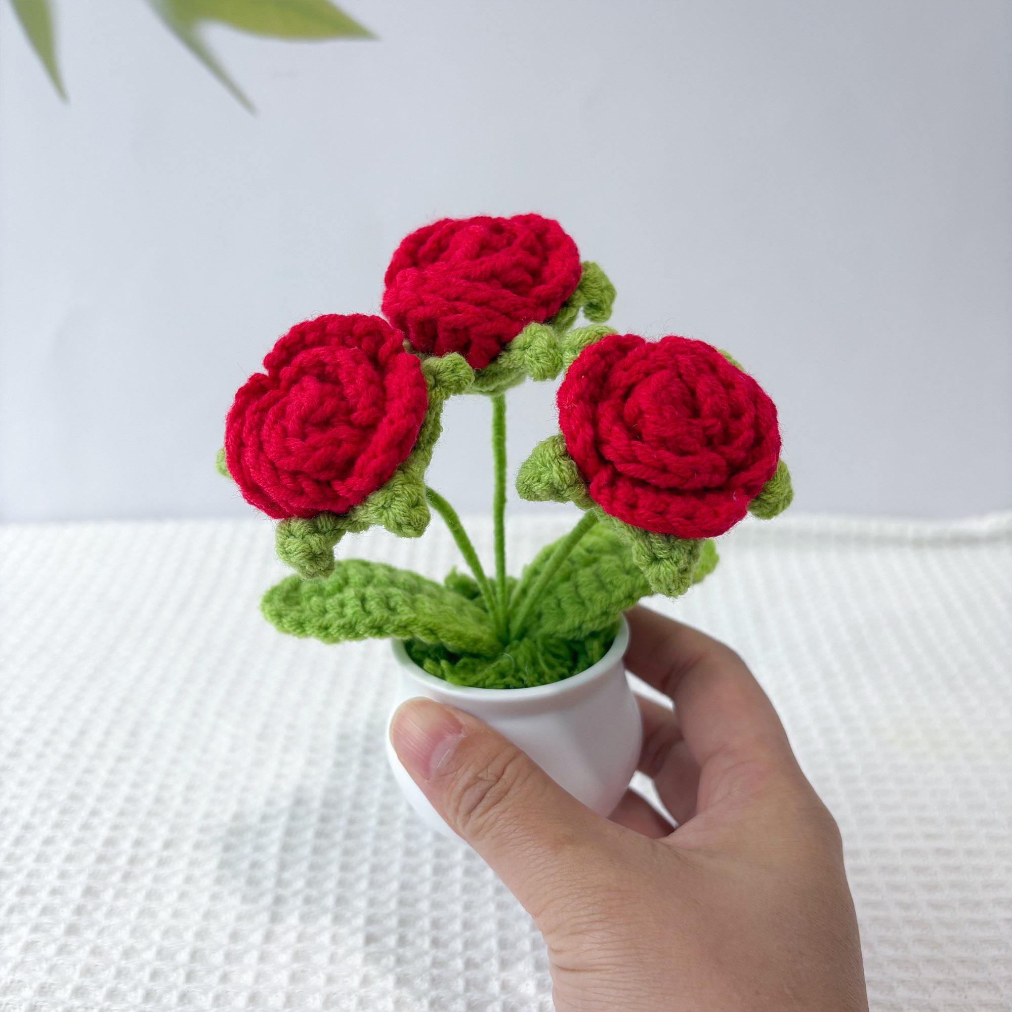 Crochet Flower Pot – Handmade Crochet Plant – Rose Design – Desk Decor