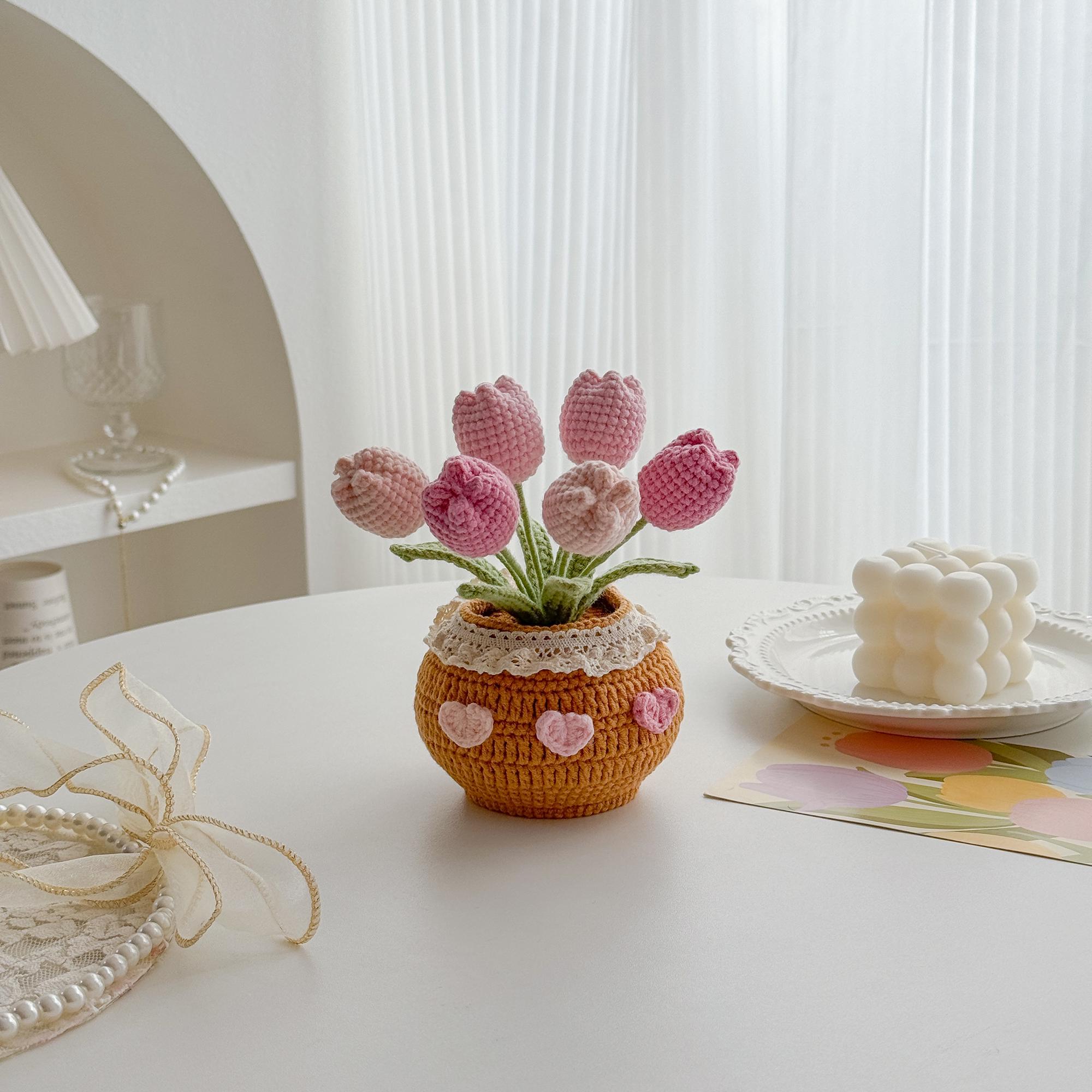 Handmade Desk Decor with Positive Affirmation Crochet Tulip in Pot