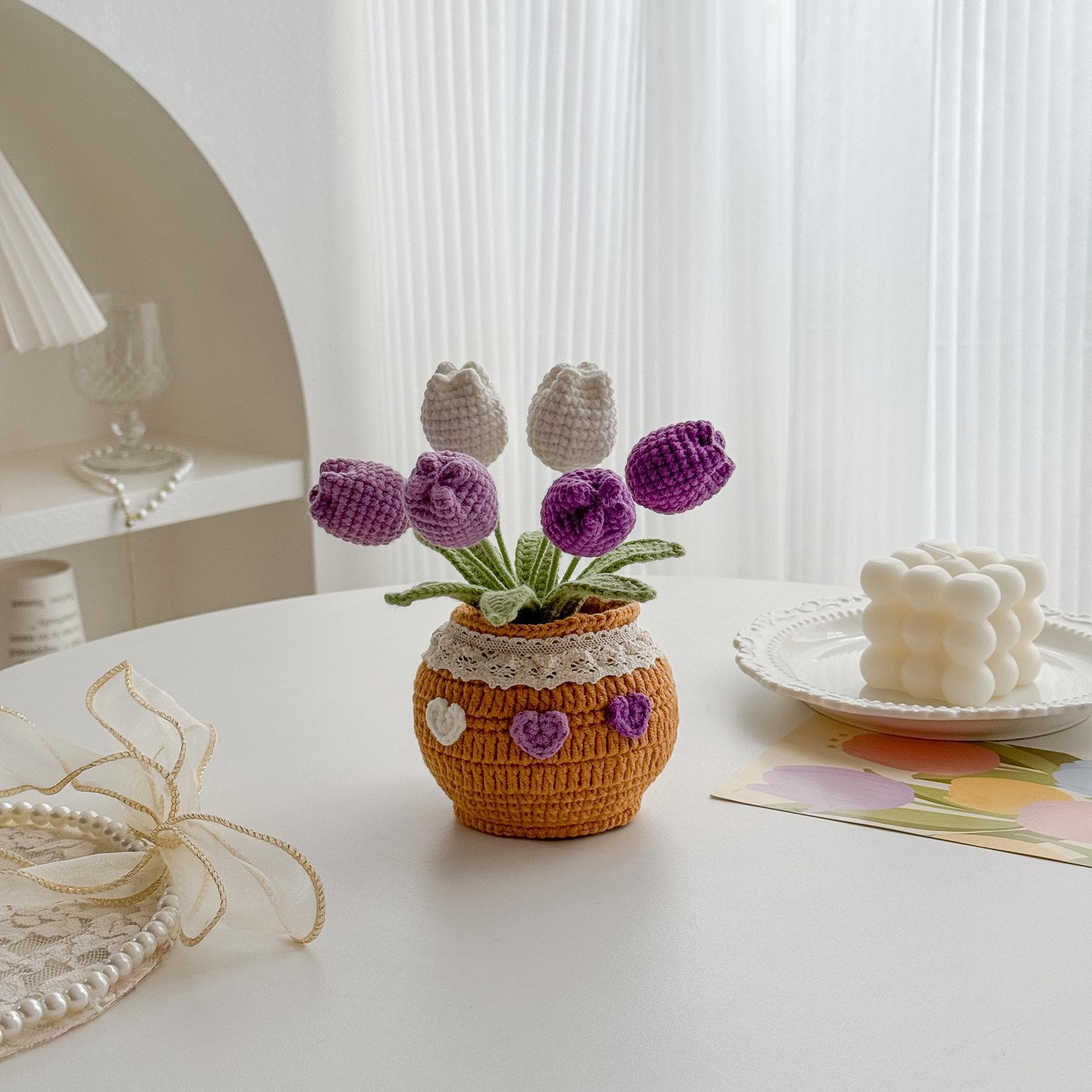 Handmade Desk Decor with Positive Affirmation Crochet Tulip in Pot