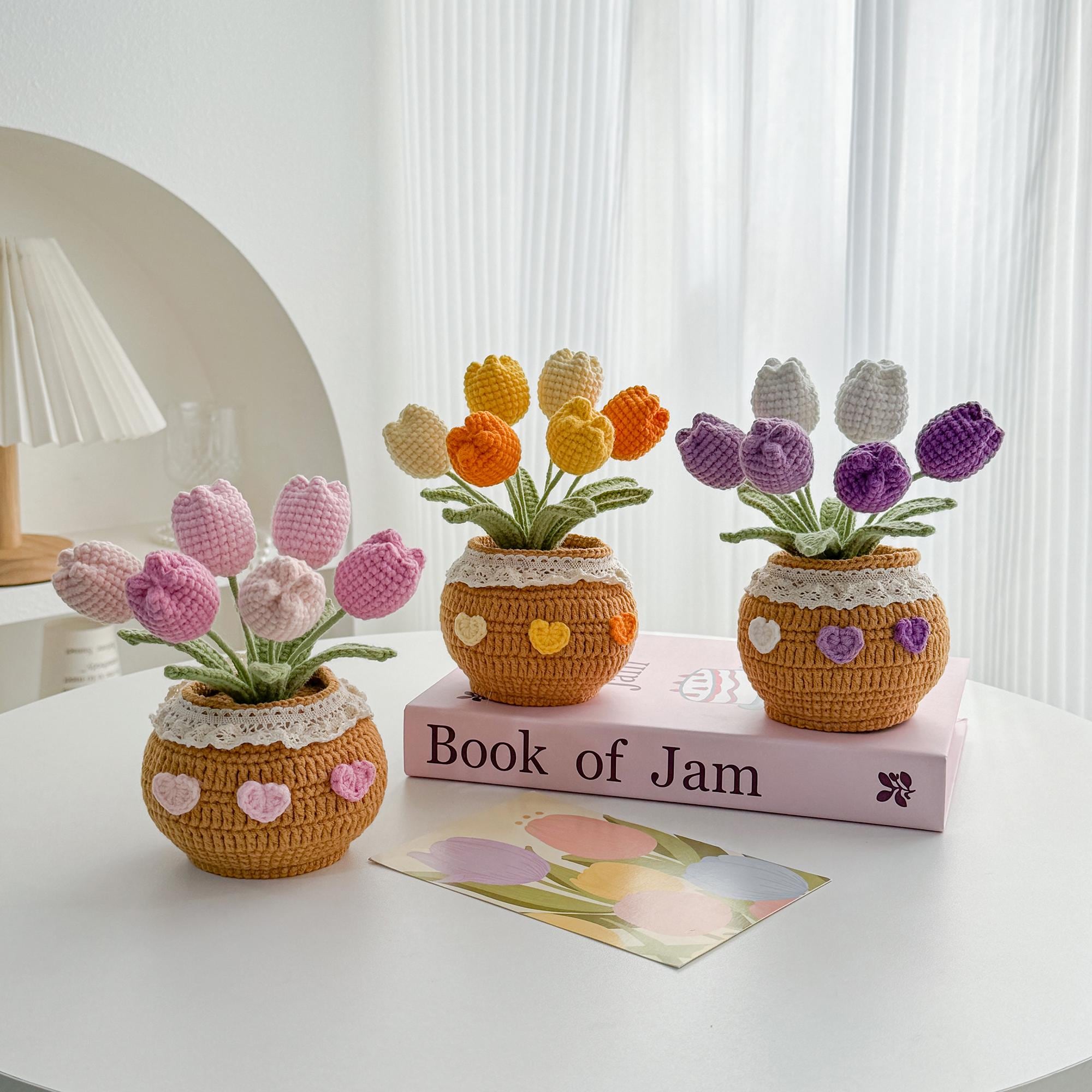 Handmade Desk Decor with Positive Affirmation Crochet Tulip in Pot