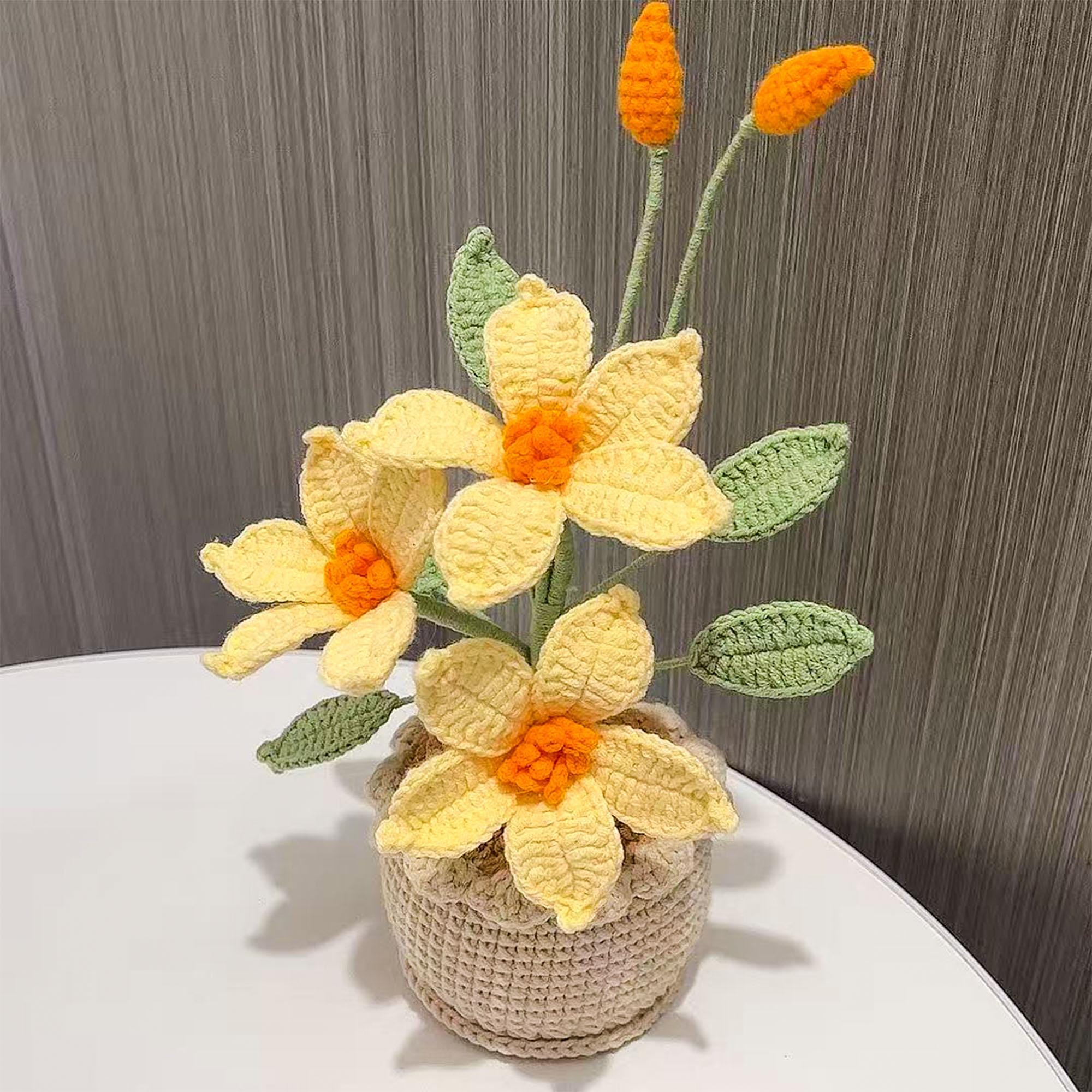 Crochet Flower in Pot, Handmade Crochet Clematis, Desk Decoration