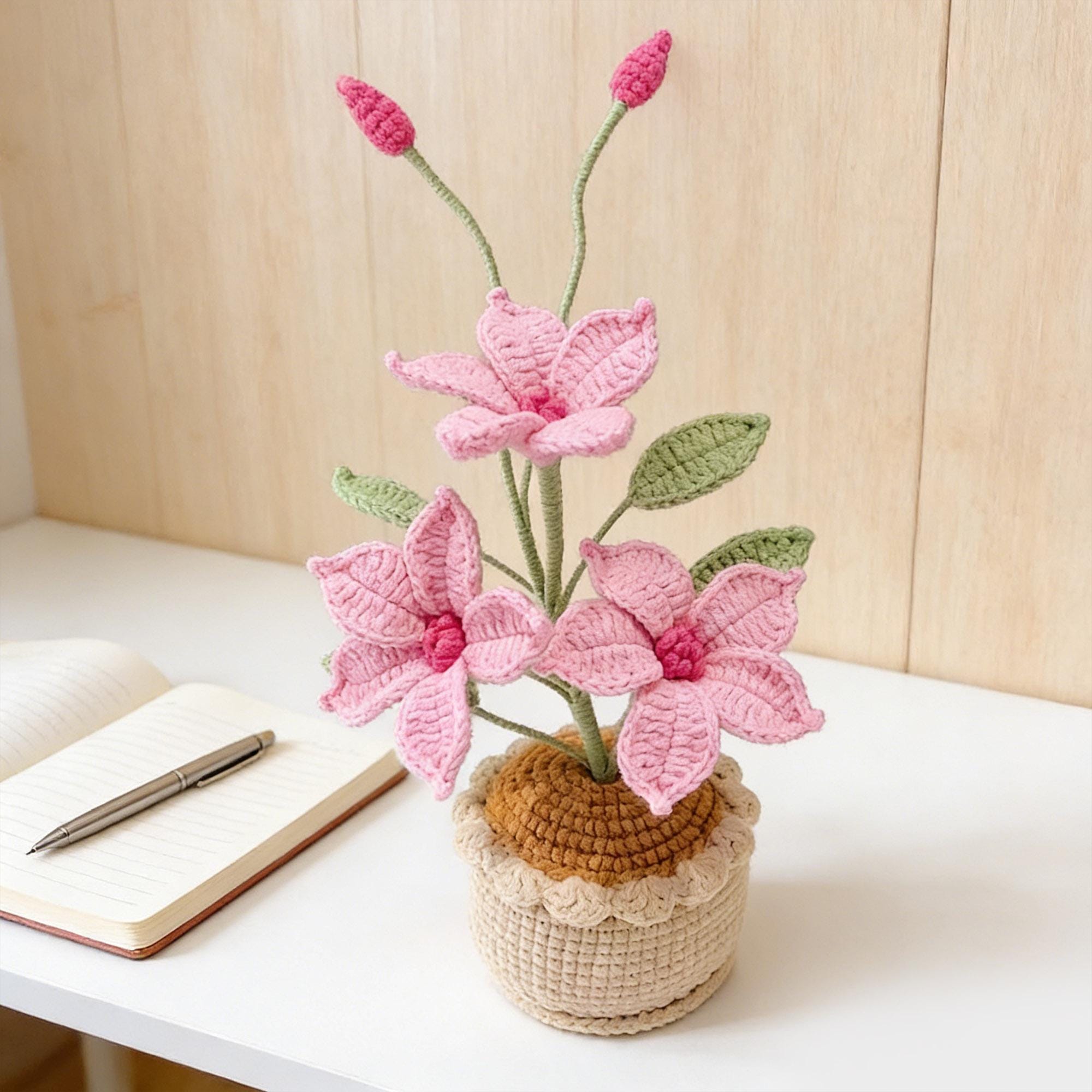 Crochet Flower in Pot, Handmade Crochet Clematis, Desk Decoration