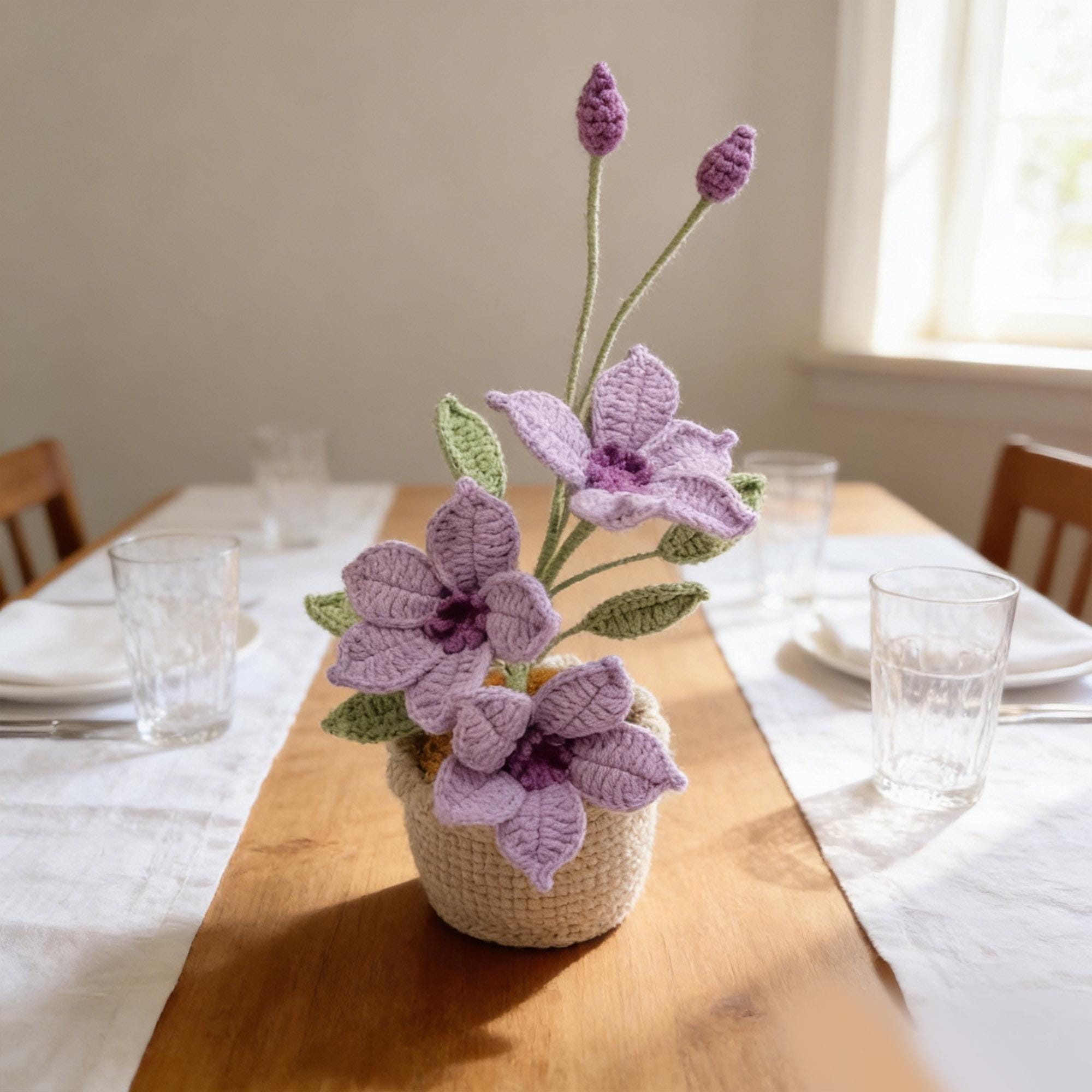Crochet Flower in Pot, Handmade Crochet Clematis, Desk Decoration
