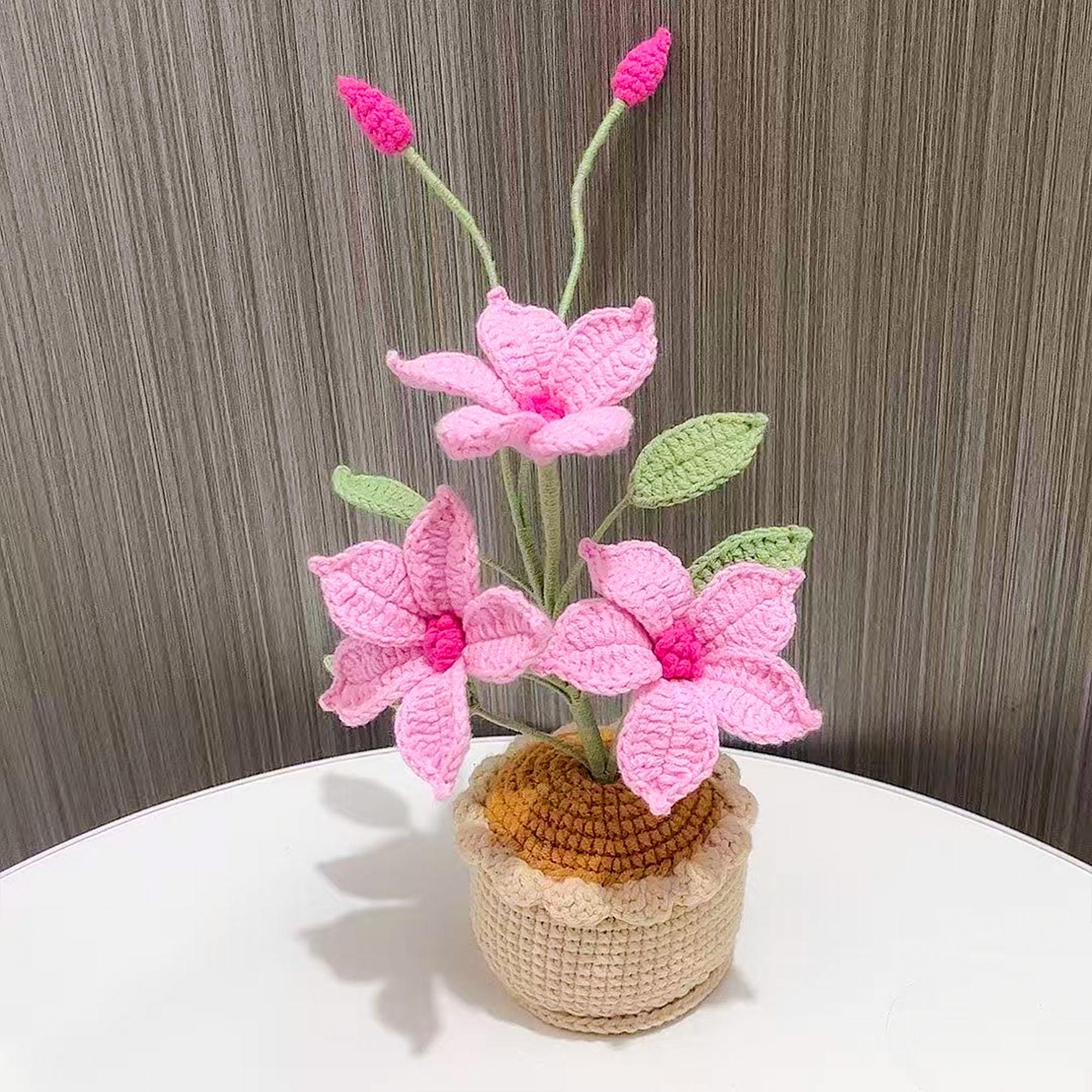 Crochet Flower in Pot, Handmade Crochet Clematis, Desk Decoration