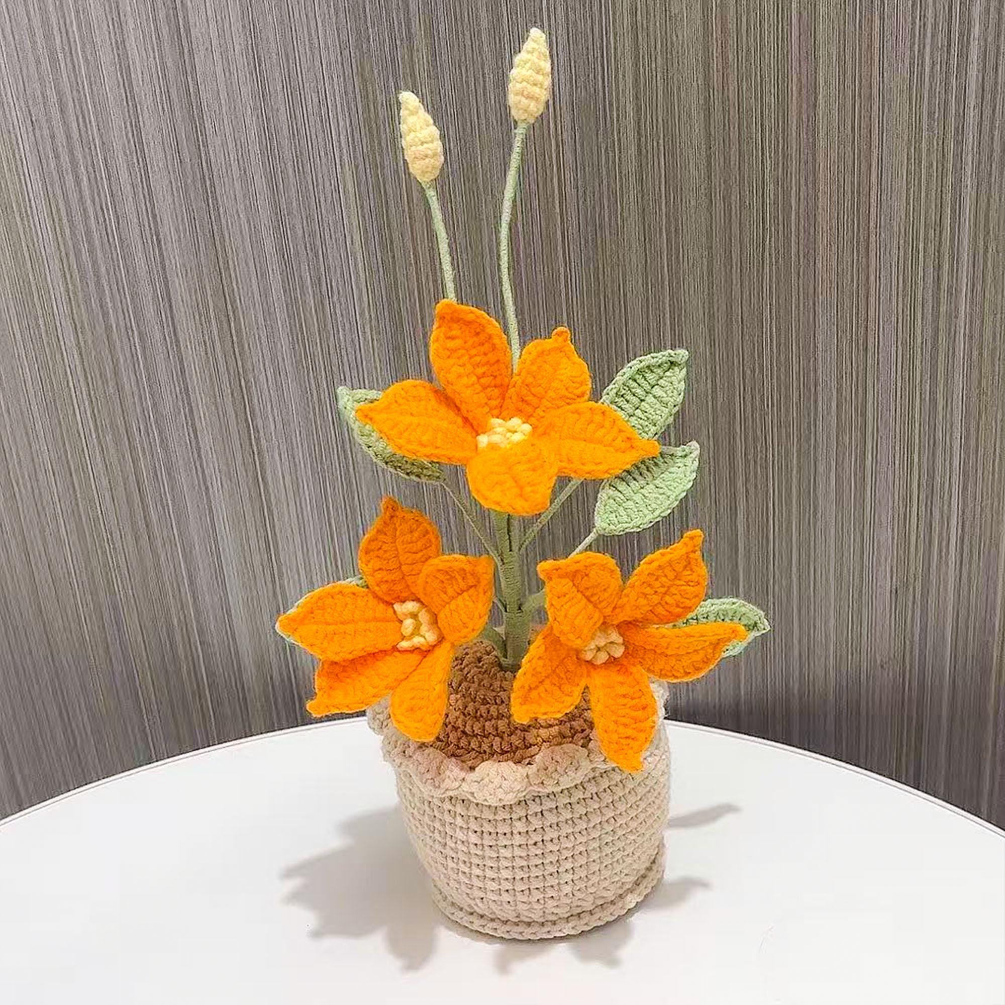 Crochet Flower in Pot, Handmade Crochet Clematis, Desk Decoration