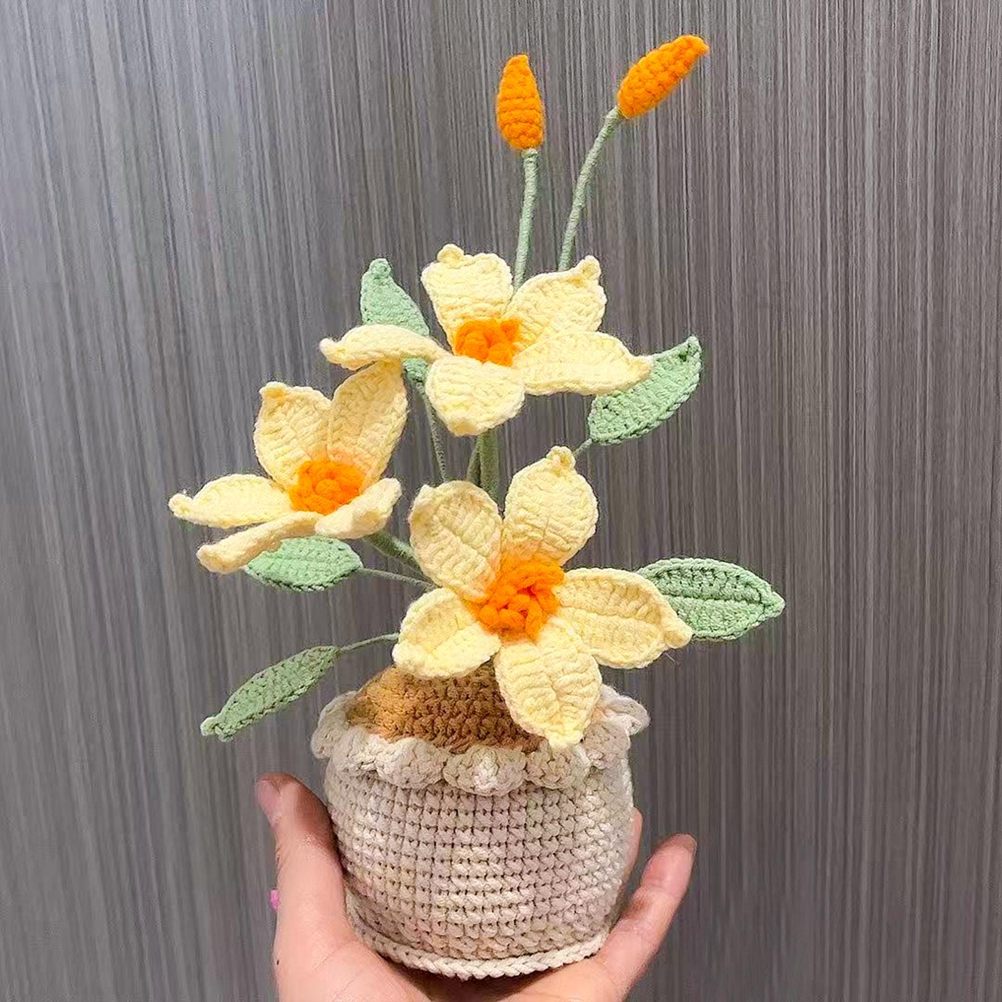 Crochet Flower in Pot, Handmade Crochet Clematis, Desk Decoration