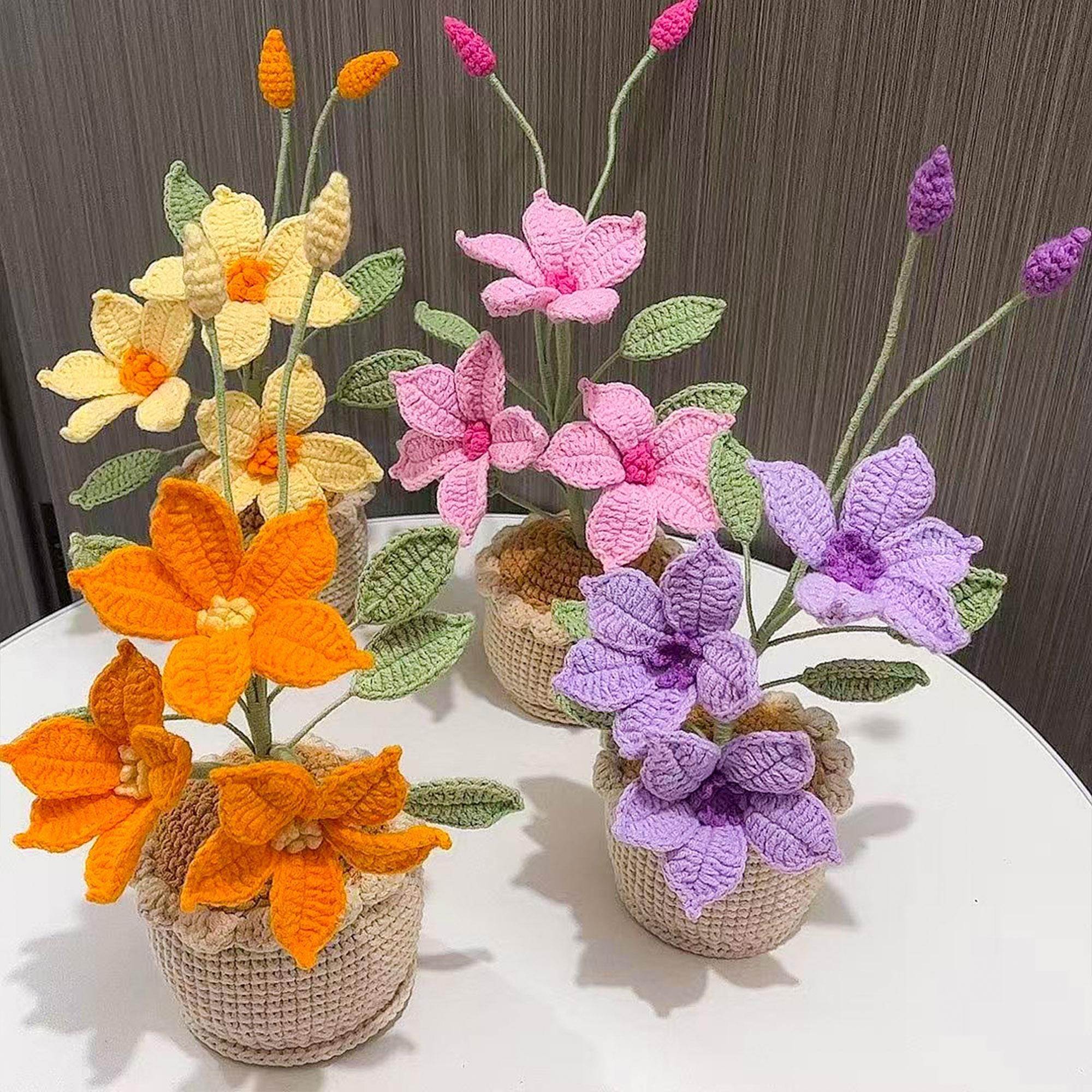 Crochet Flower in Pot, Handmade Crochet Clematis, Desk Decoration