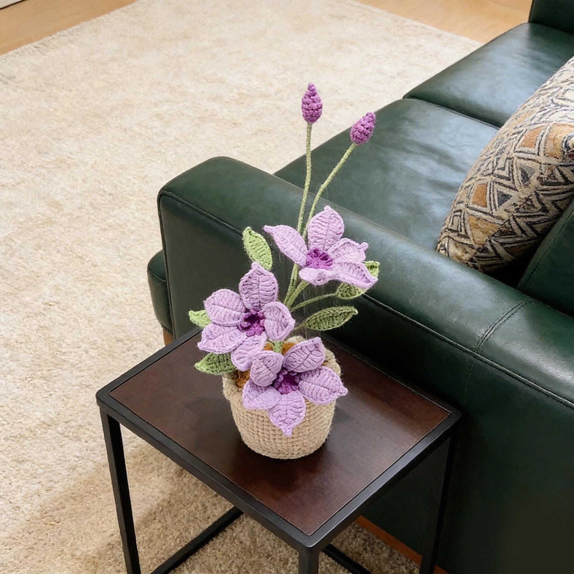 Crochet Flower in Pot, Handmade Crochet Clematis, Desk Decoration