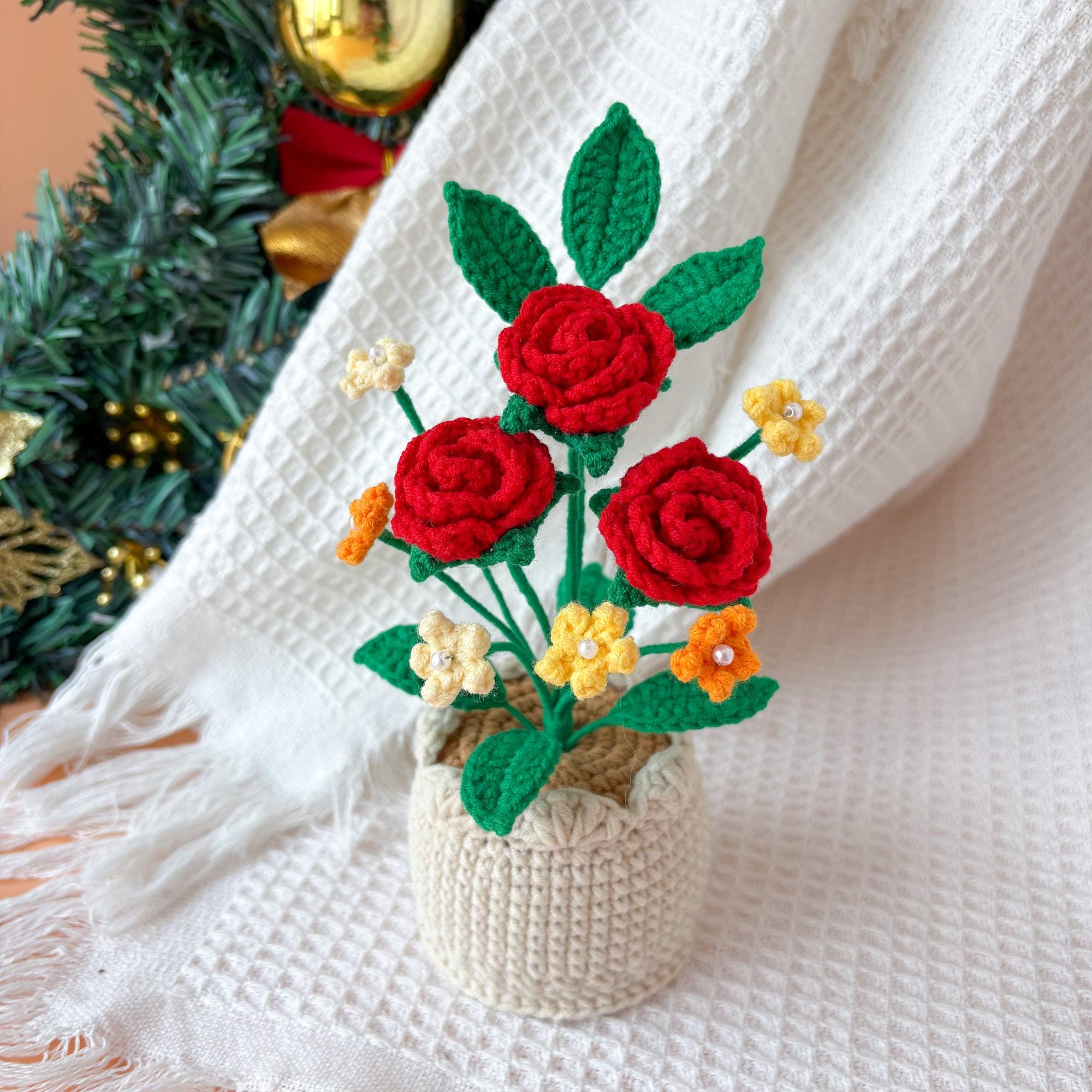 Crochet Flower Pot – Handmade Crochet Plant – Rose Design – Desk Decor