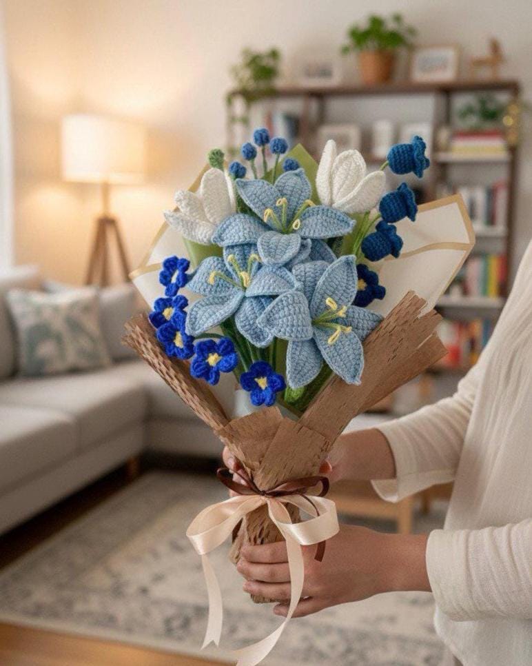 Handmade Crochet Lilies – Blue & White Bouquet – Wrapped – Floral Home Decor