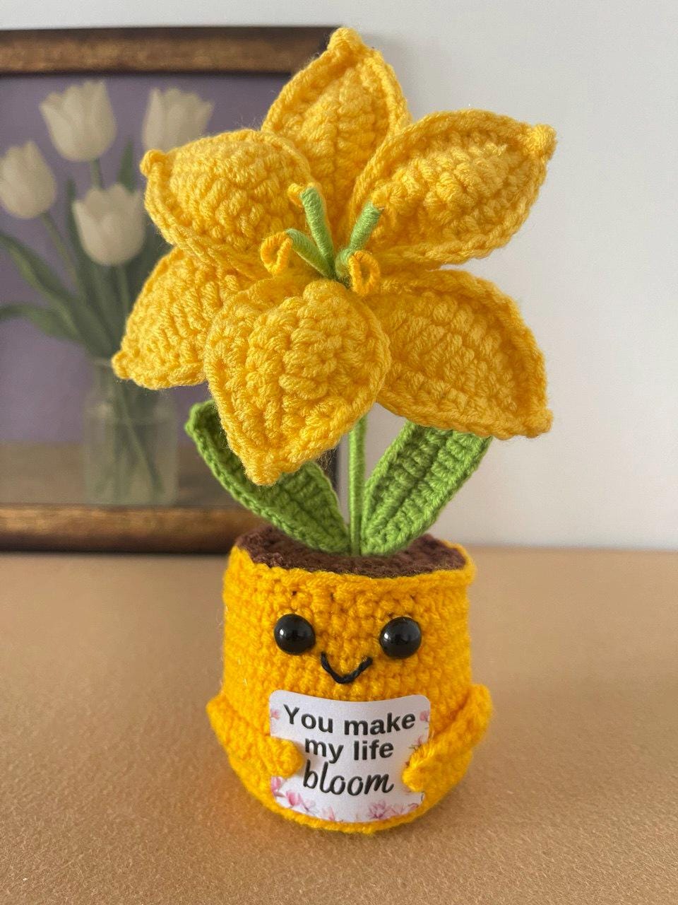 Mother’s Day Crochet Flower Gift – Handmade Lily, Tulip or Rose – Personalized Plaque – Meaningful Gift for Mom