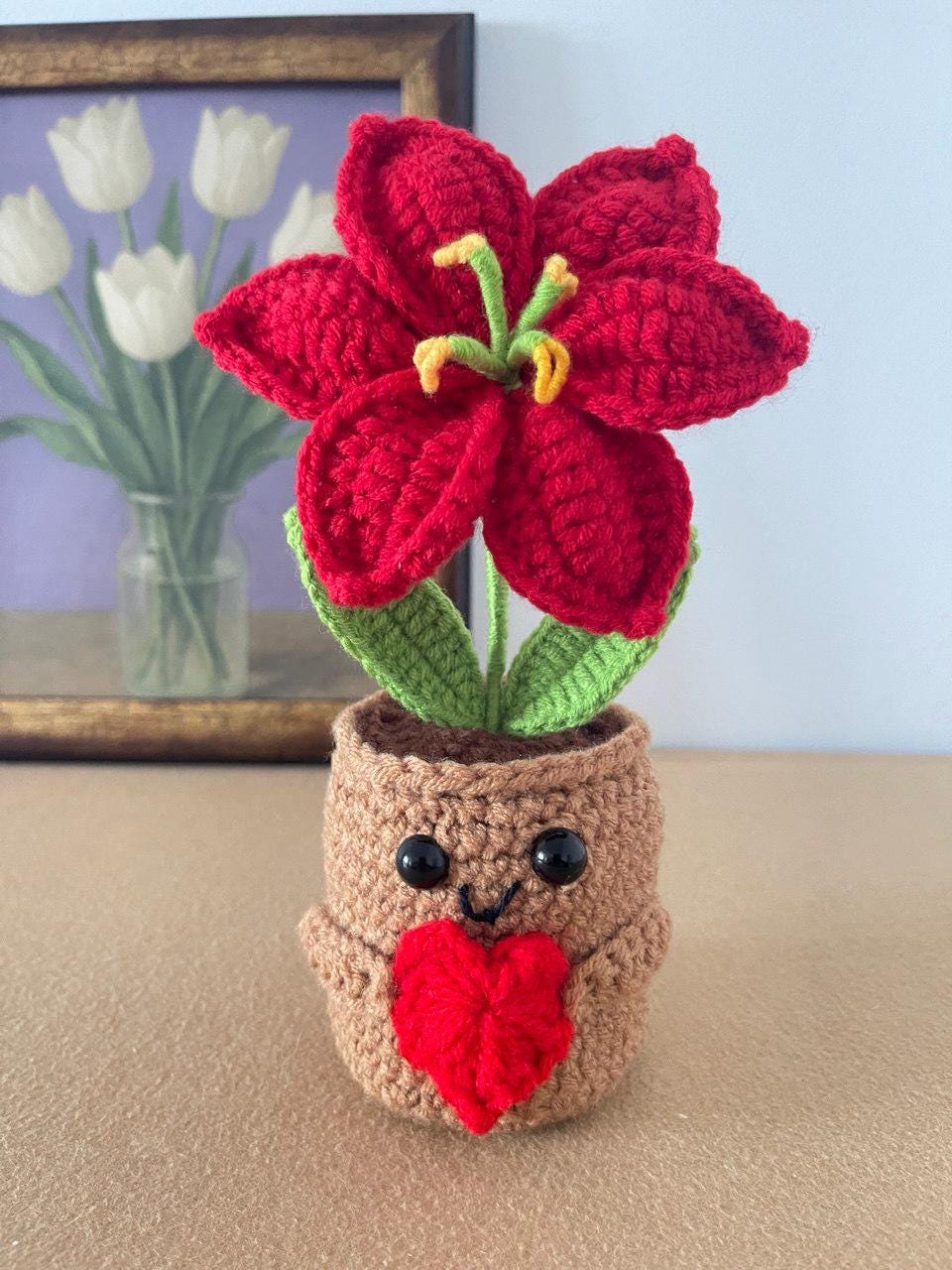 Mother’s Day Crochet Flower Gift – Handmade Lily, Tulip or Rose – Personalized Plaque – Meaningful Gift for Mom