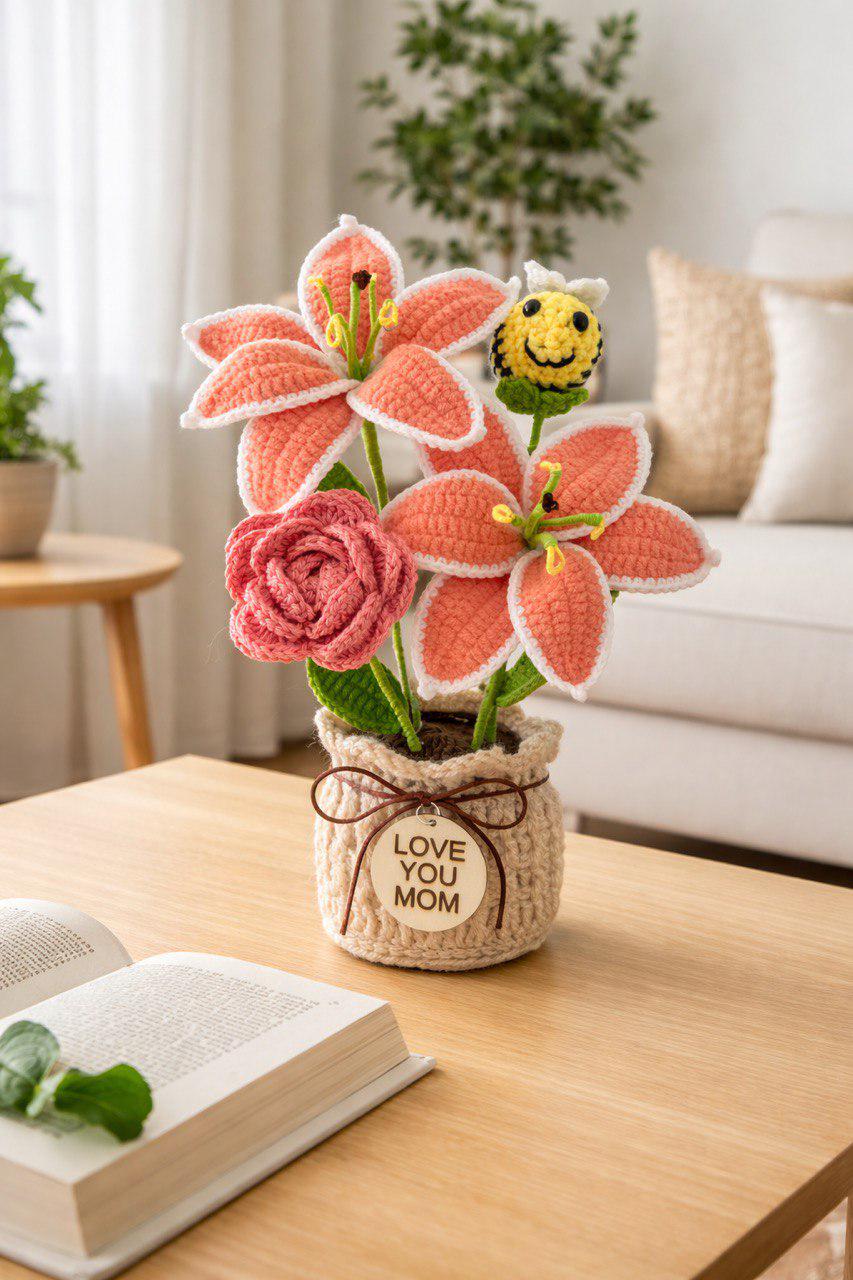 Mother’s Day Crochet Flower Bouquet – Handmade Forever Flowers – Custom Tag – Gift for Mom Home Decor