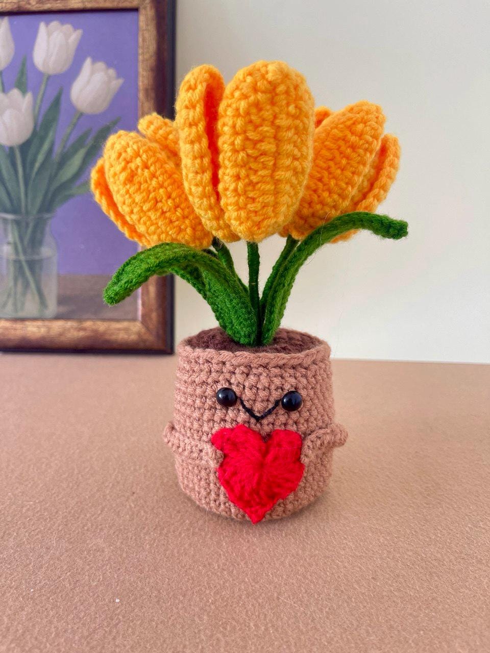 Mother’s Day Crochet Flower Gift – Handmade Lily, Tulip or Rose – Personalized Plaque – Meaningful Gift for Mom