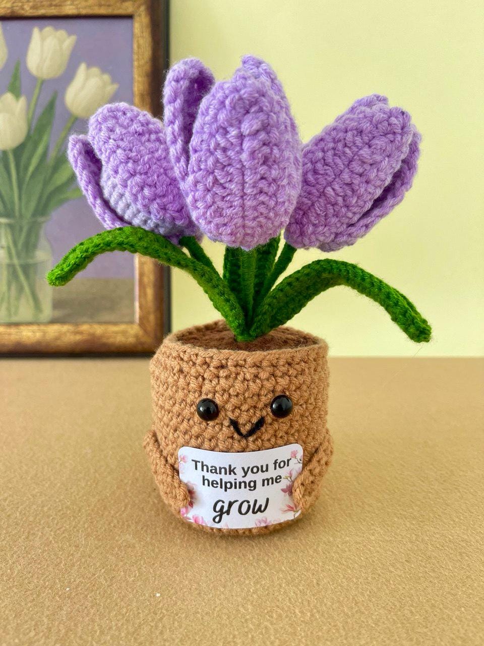 Mother’s Day Crochet Flower Gift – Handmade Lily, Tulip or Rose – Personalized Plaque – Meaningful Gift for Mom